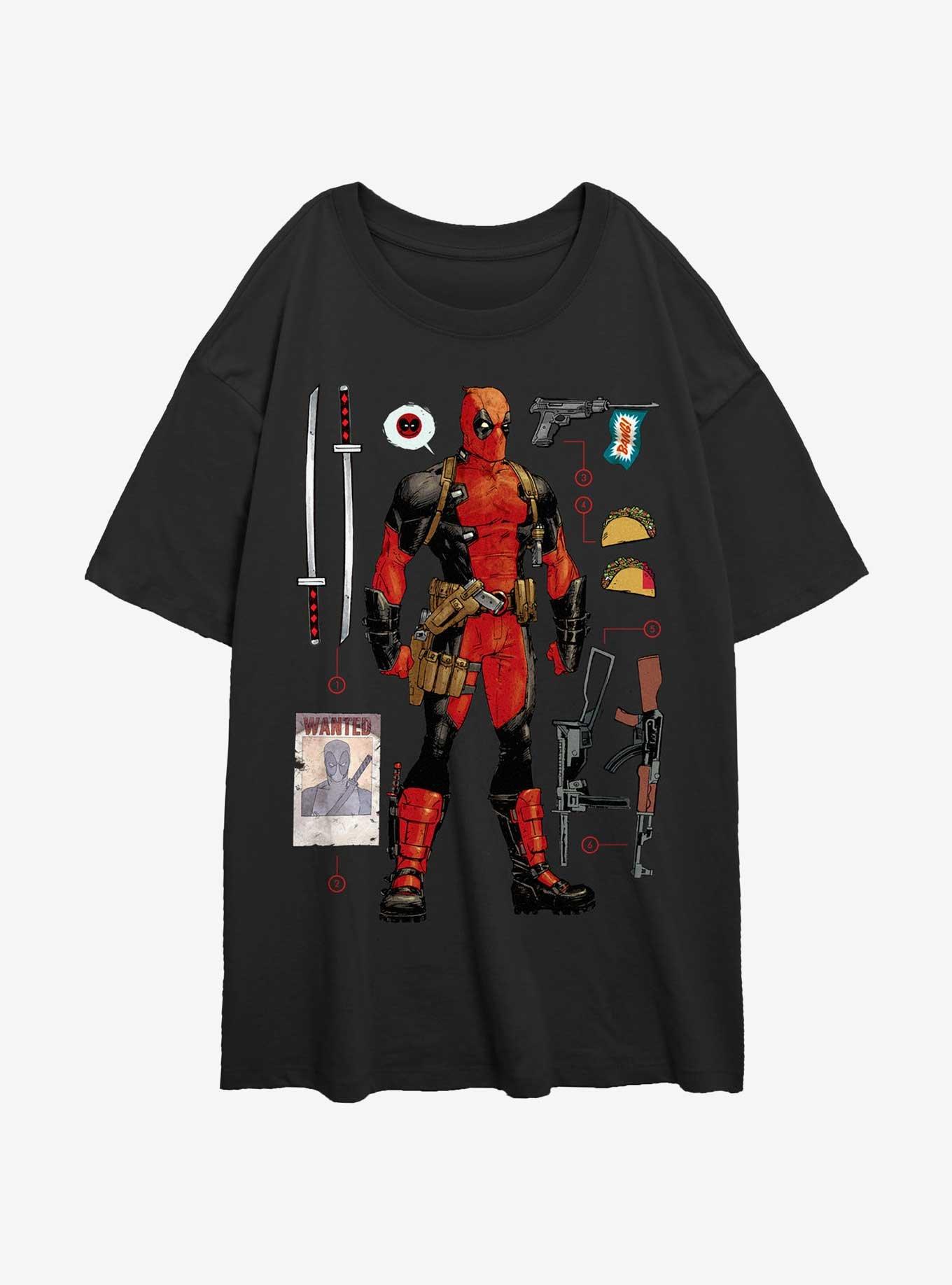 Marvel Deadpool Mercenary Items Womens Oversized T-Shirt, BLACK, hi-res