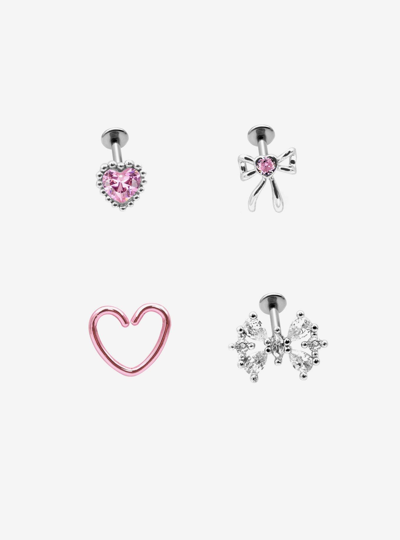 18G Steel Silver Heart & Bow Stud & Hoop 4 Pack, , hi-res