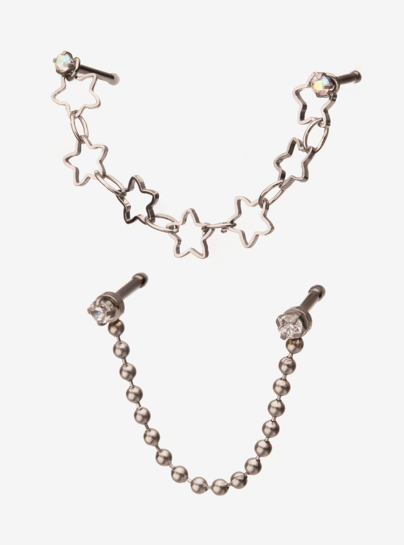 14G Steel Chain Star Nose Stud & Chain 2 Pack, MULTI, hi-res