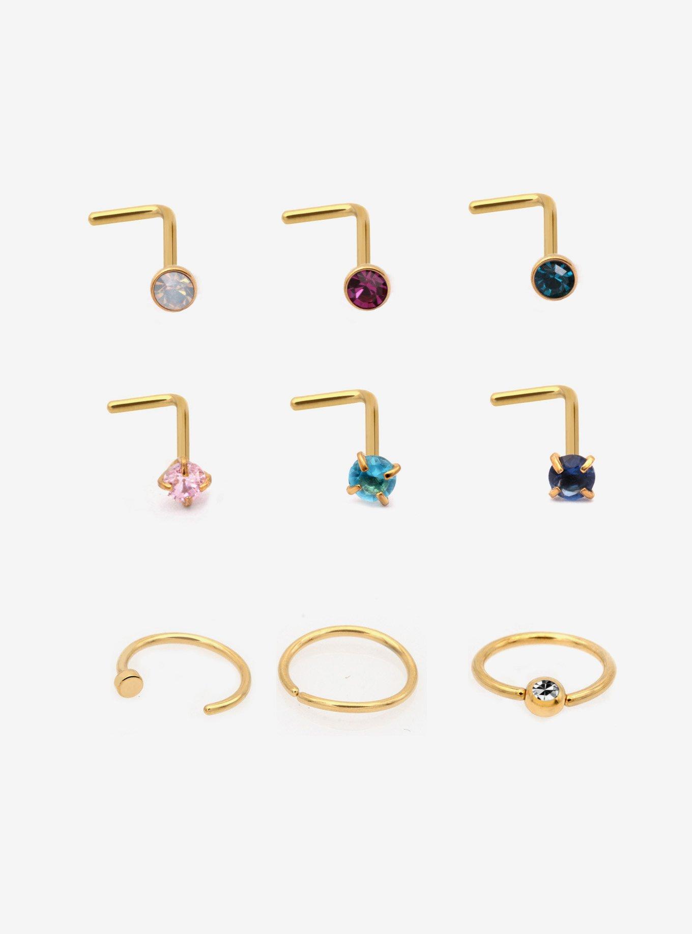 Steel Gold Gem Nose Stud & Hoop 9 Pack, , hi-res