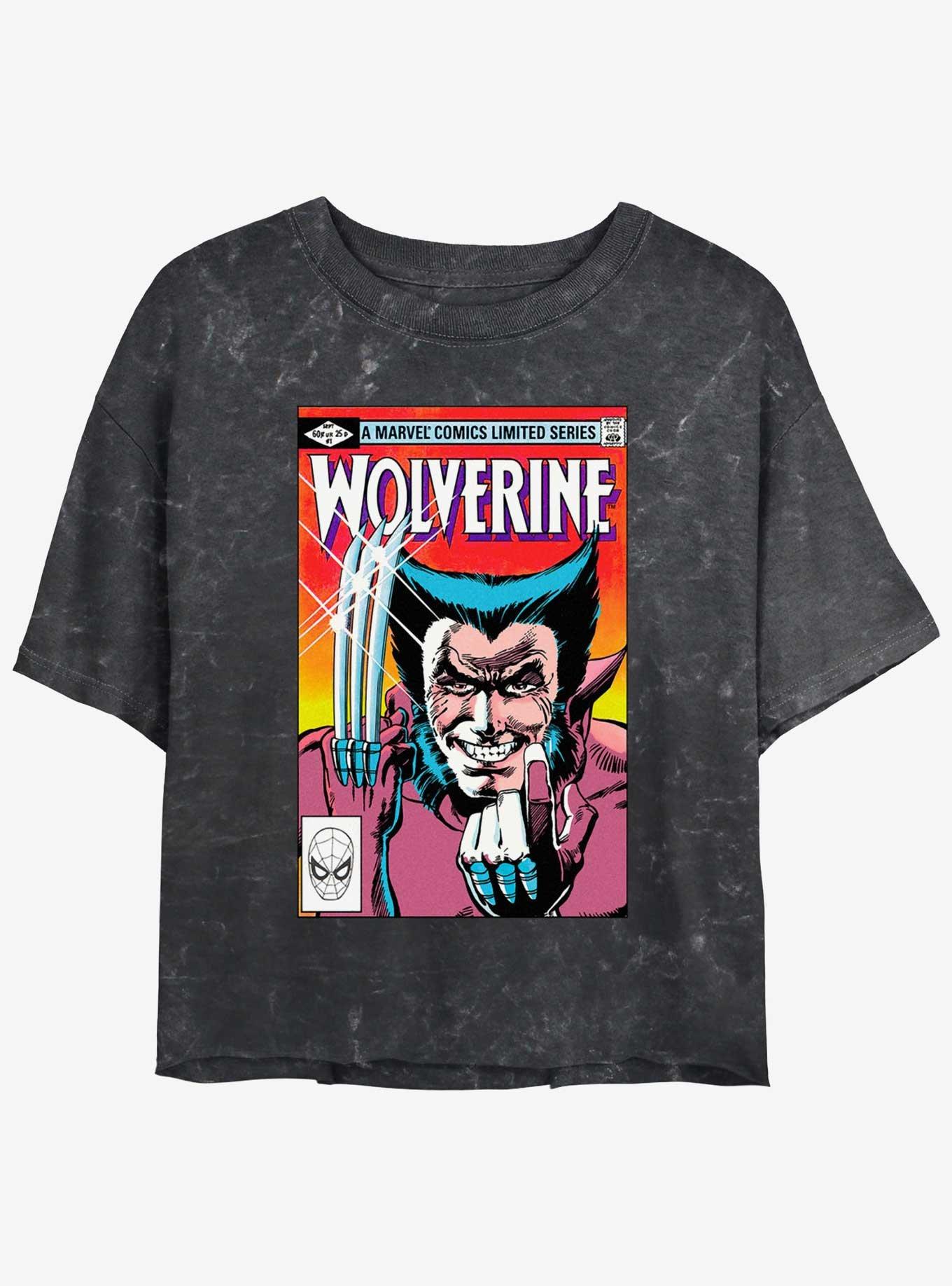 Wolverine Comic Cover Girls Mineral Wash Crop T-Shirt, BLACK, hi-res