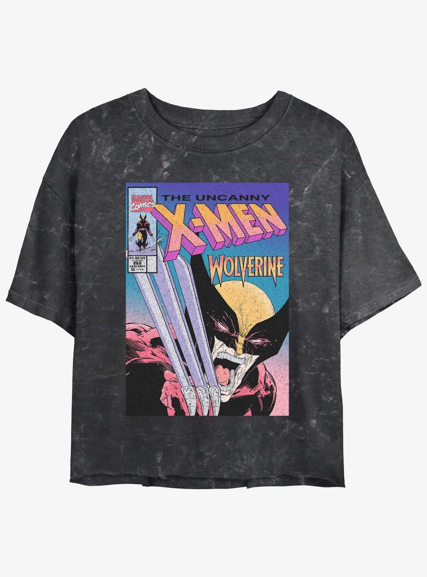 Wolverine The Uncanny X-Men Comic Cover Girls Mineral Wash Crop T-Shirt, BLACK, hi-res