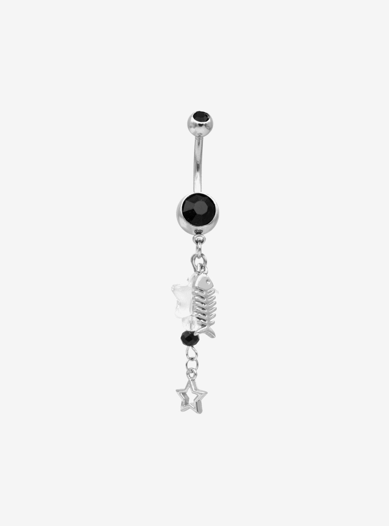 14G Steel Silver Fishbone & Star Charm Navel Barbell, , hi-res