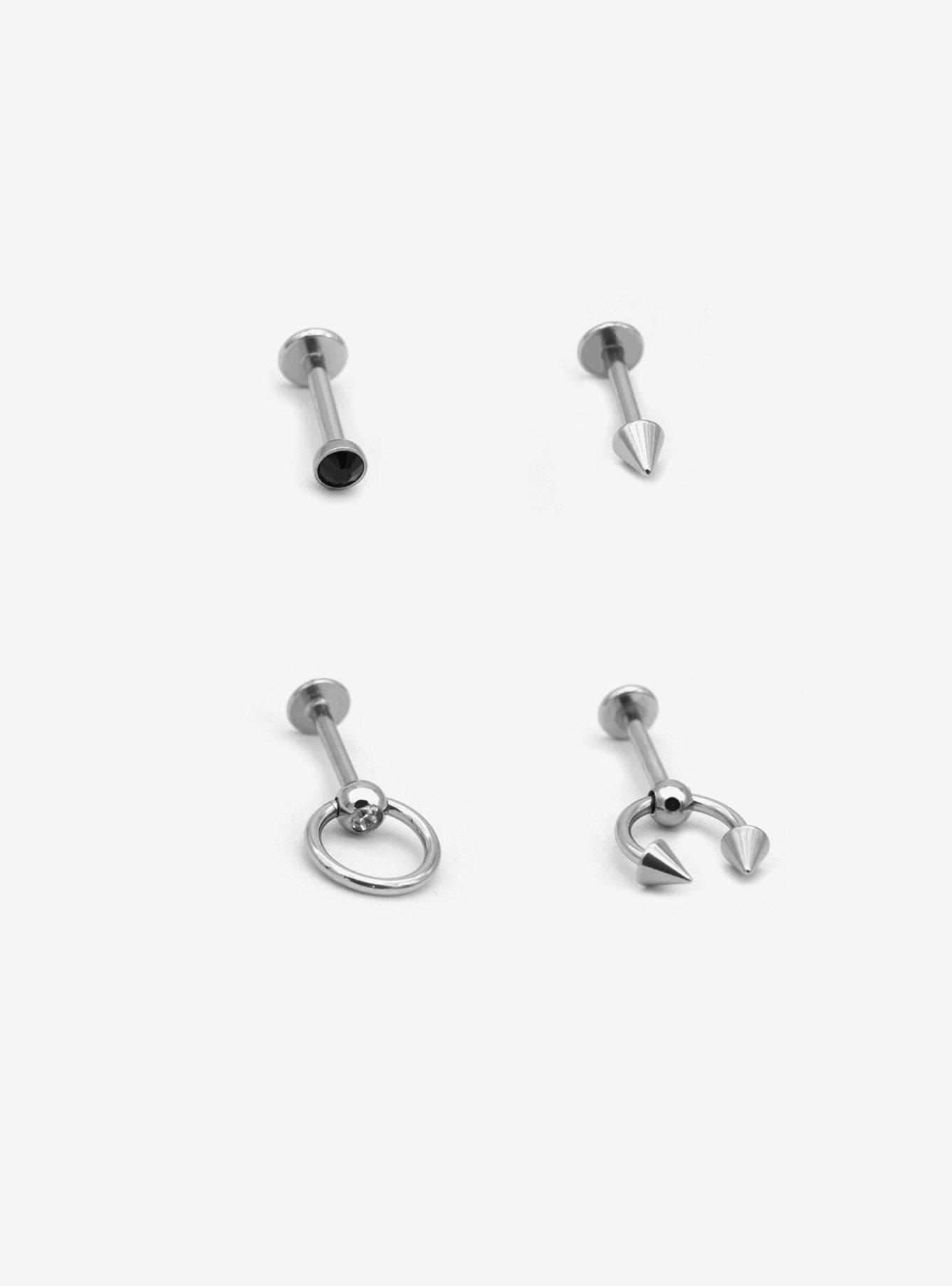 16G Steel Silver Spike Pierced Labret Stud 4 Pack, , hi-res