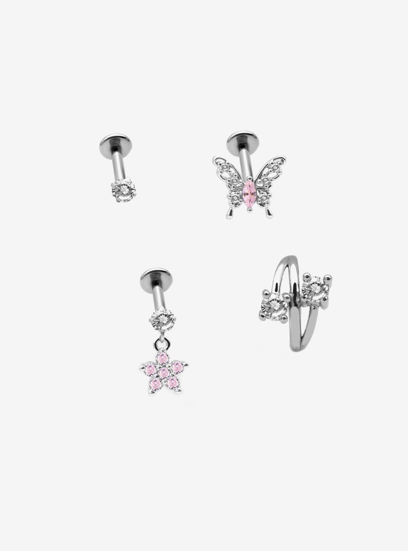 18G Steel Butterfly Flower Cartilage Stud & Hoop 4 Pack, , hi-res