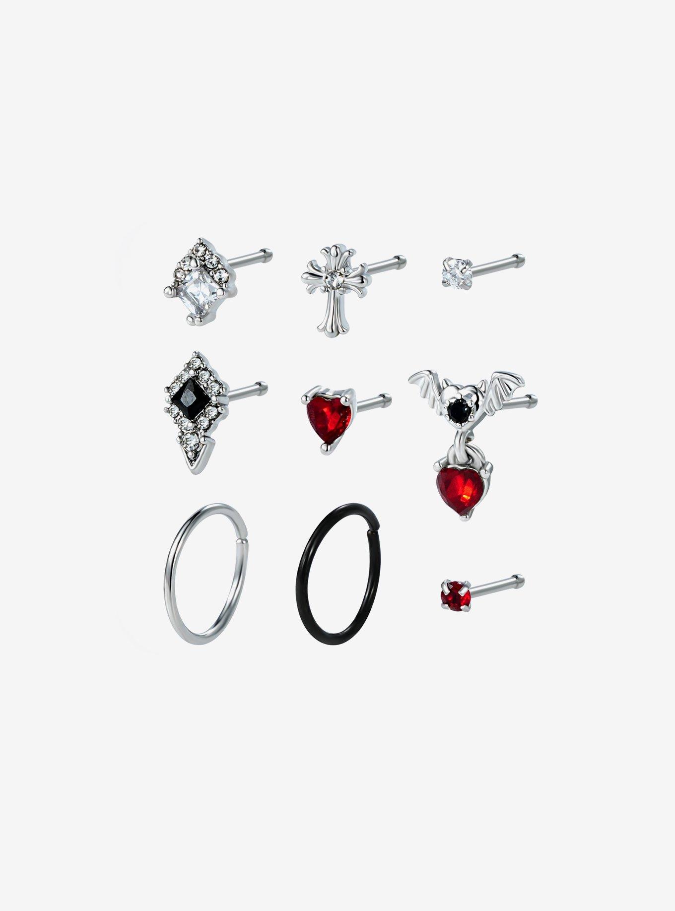 Steel Gothic Cross Bat Heart Nose Stud & Hoop 9 Pack