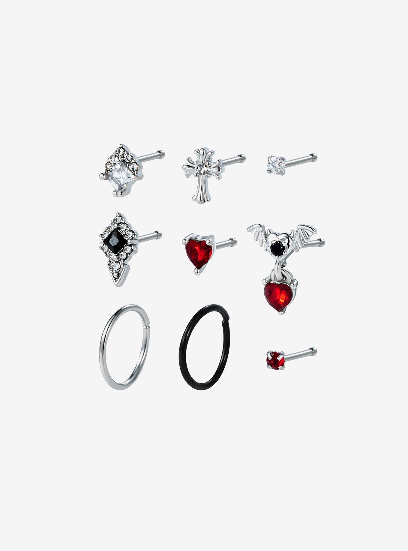 Steel Gothic Cross Bat Heart Nose Stud & Hoop 9 Pack, , hi-res