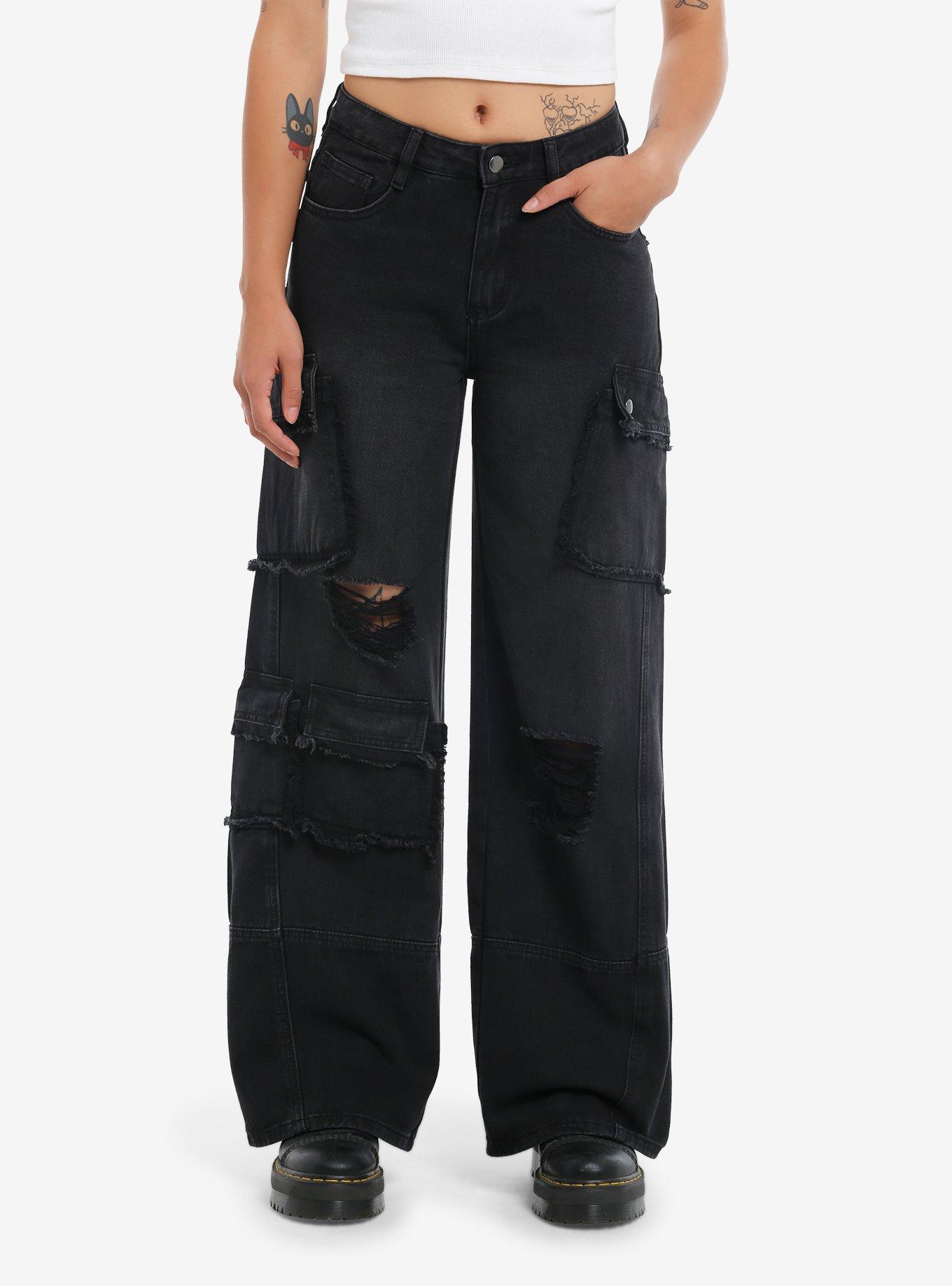 Black Destructed Cargo Wide Leg Jeans, GREY, hi-res