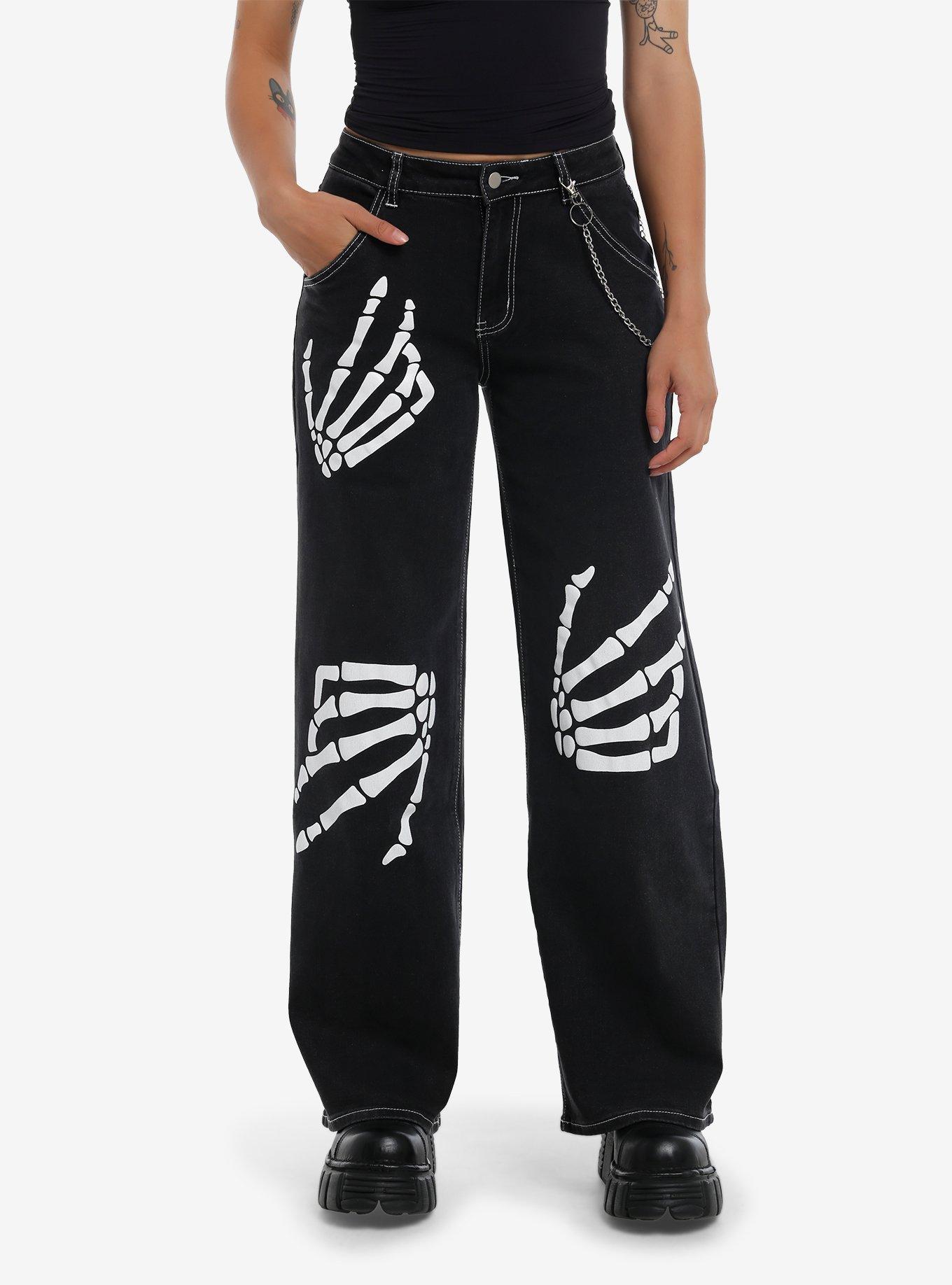 Black Skeleton Hand Chain Wide Leg Denim Pants, , hi-res