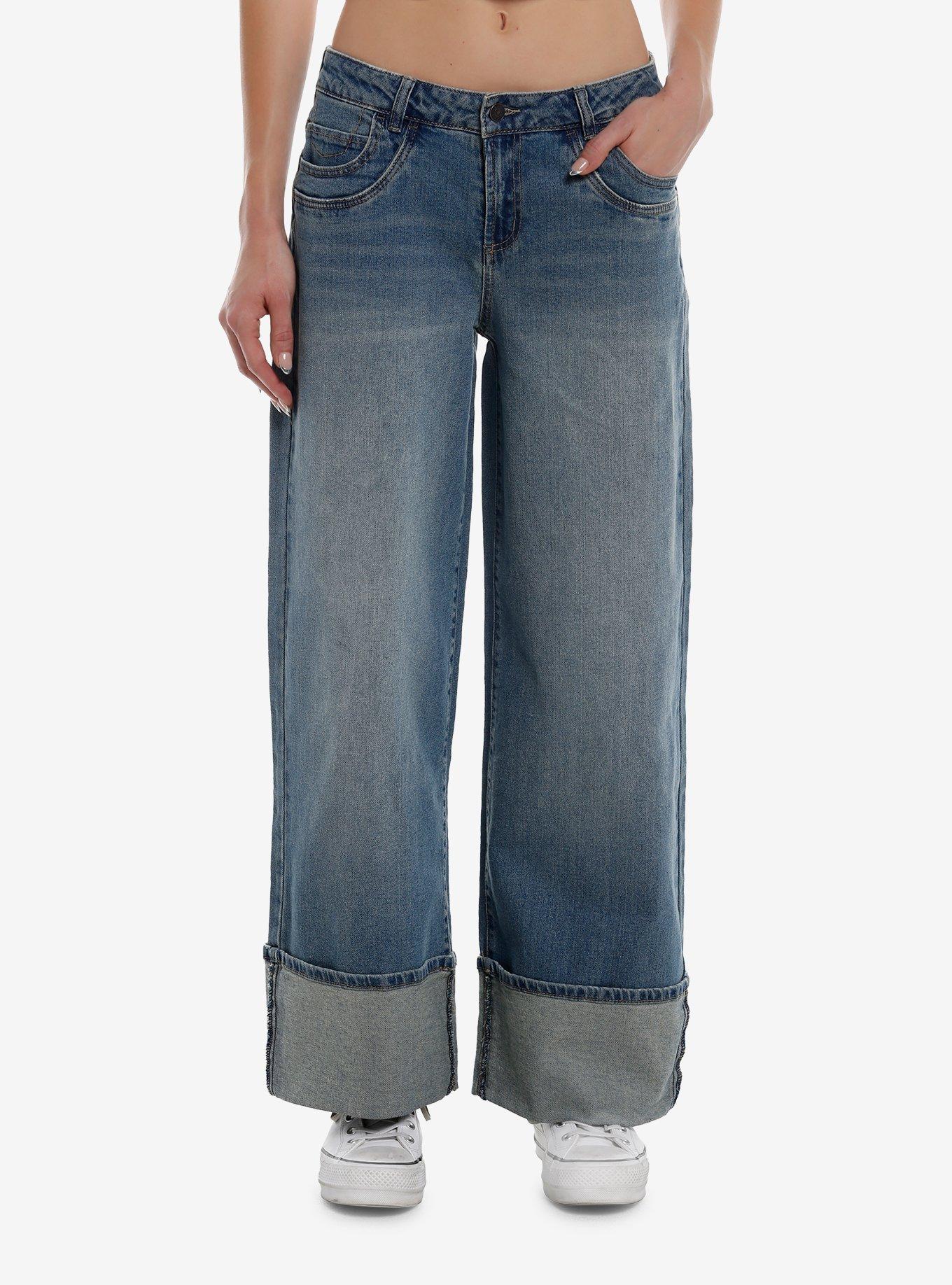 Indigo Cuff Wide Leg Denim Pants, , hi-res