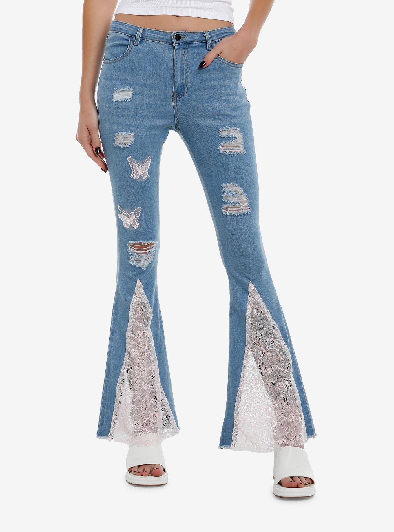 Light Blue & Pink Butterflies Flare Jeans, , hi-res