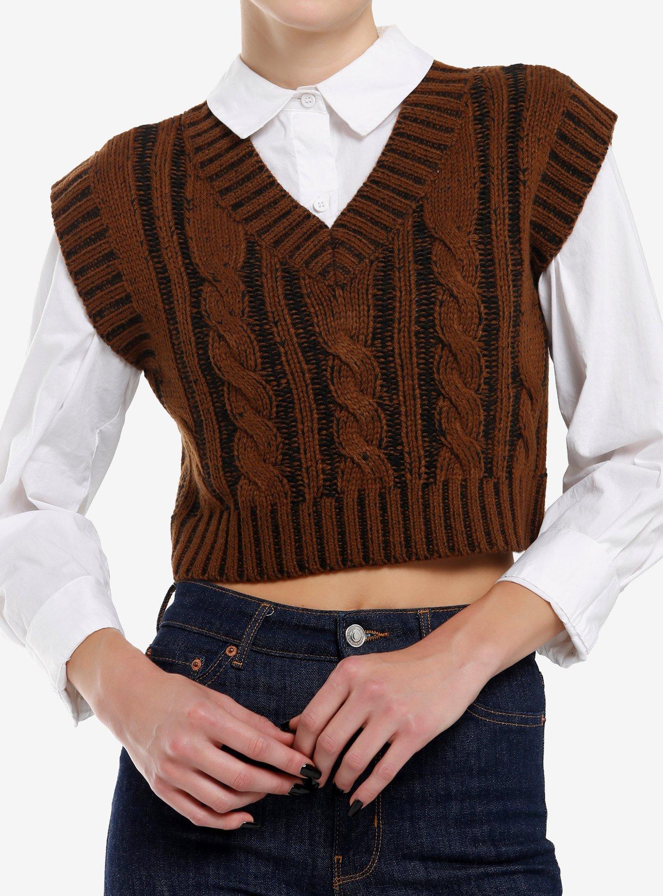 Brown & Black Cable-Knit Girls Crop Sweater Vest, BROWN, hi-res