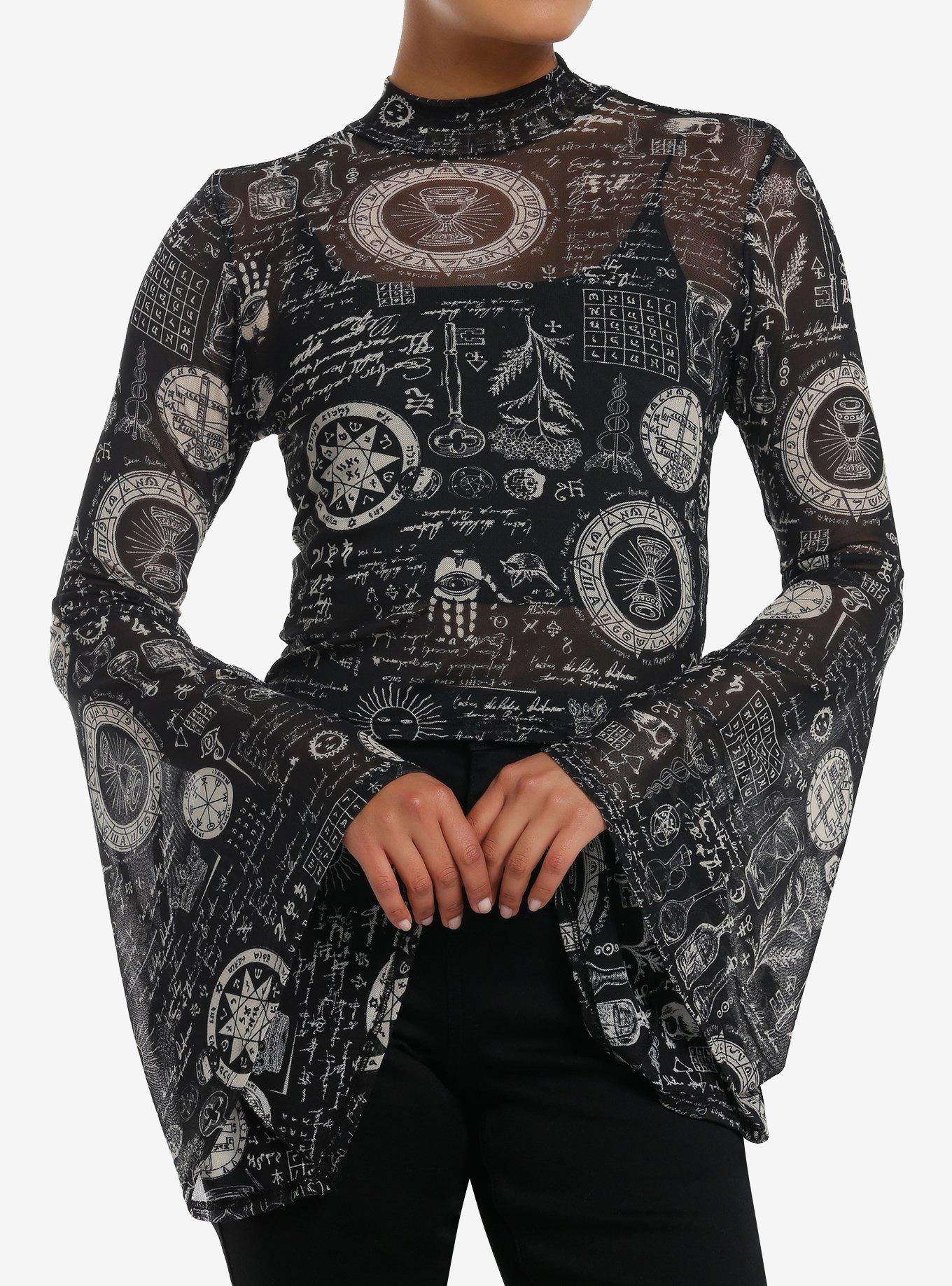 Cosmic Aura Alchemy Symbols Mesh Girls Bell Sleeve Top, , hi-res
