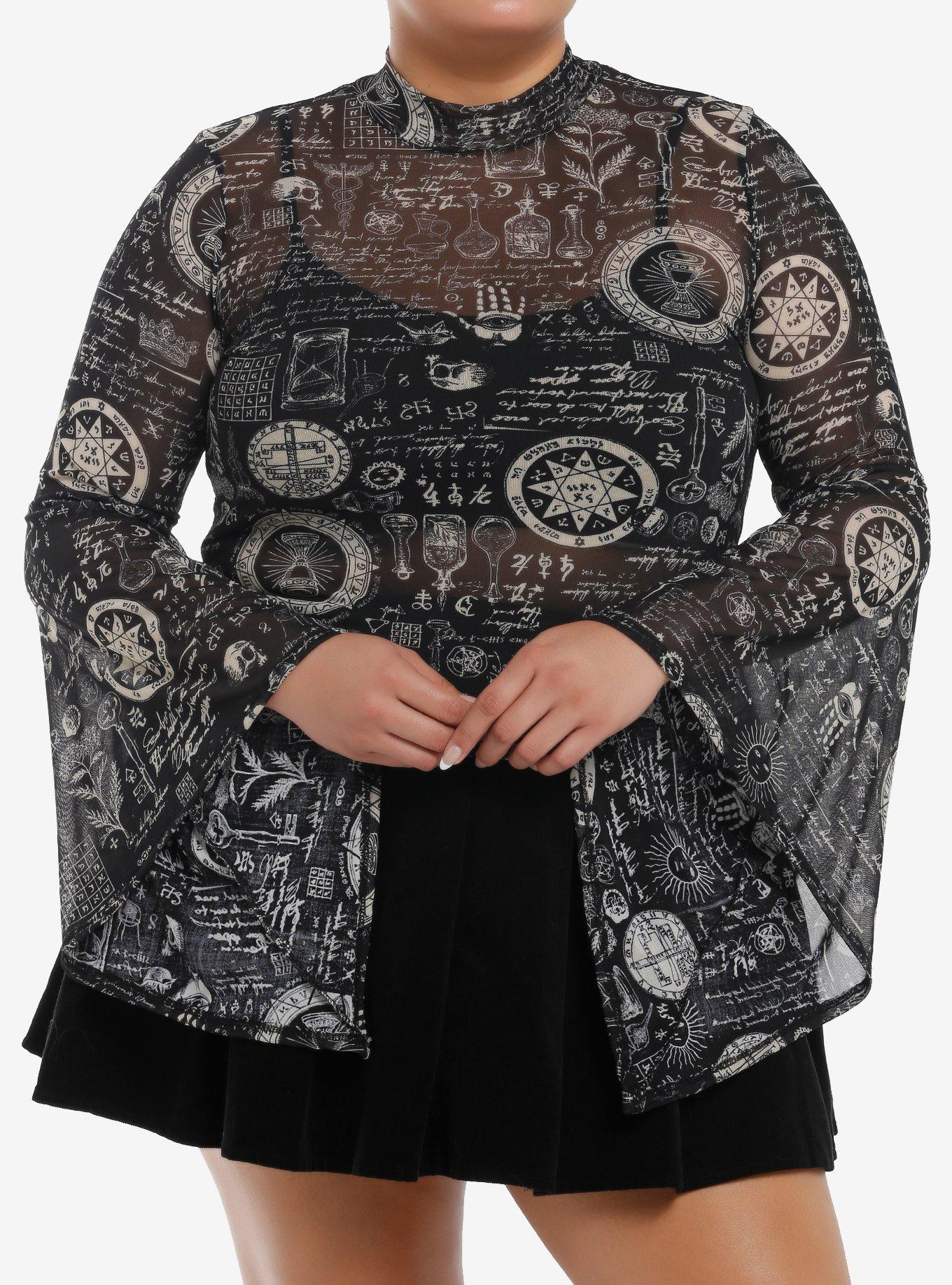 Cosmic Aura Alchemy Symbols Mesh Girls Bell Sleeve Top Plus Size, GOLD, hi-res