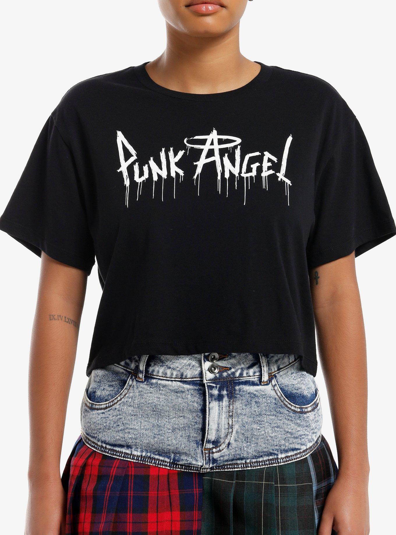 Punk Angel Safety Pin Wings Girls Crop T-Shirt, , hi-res