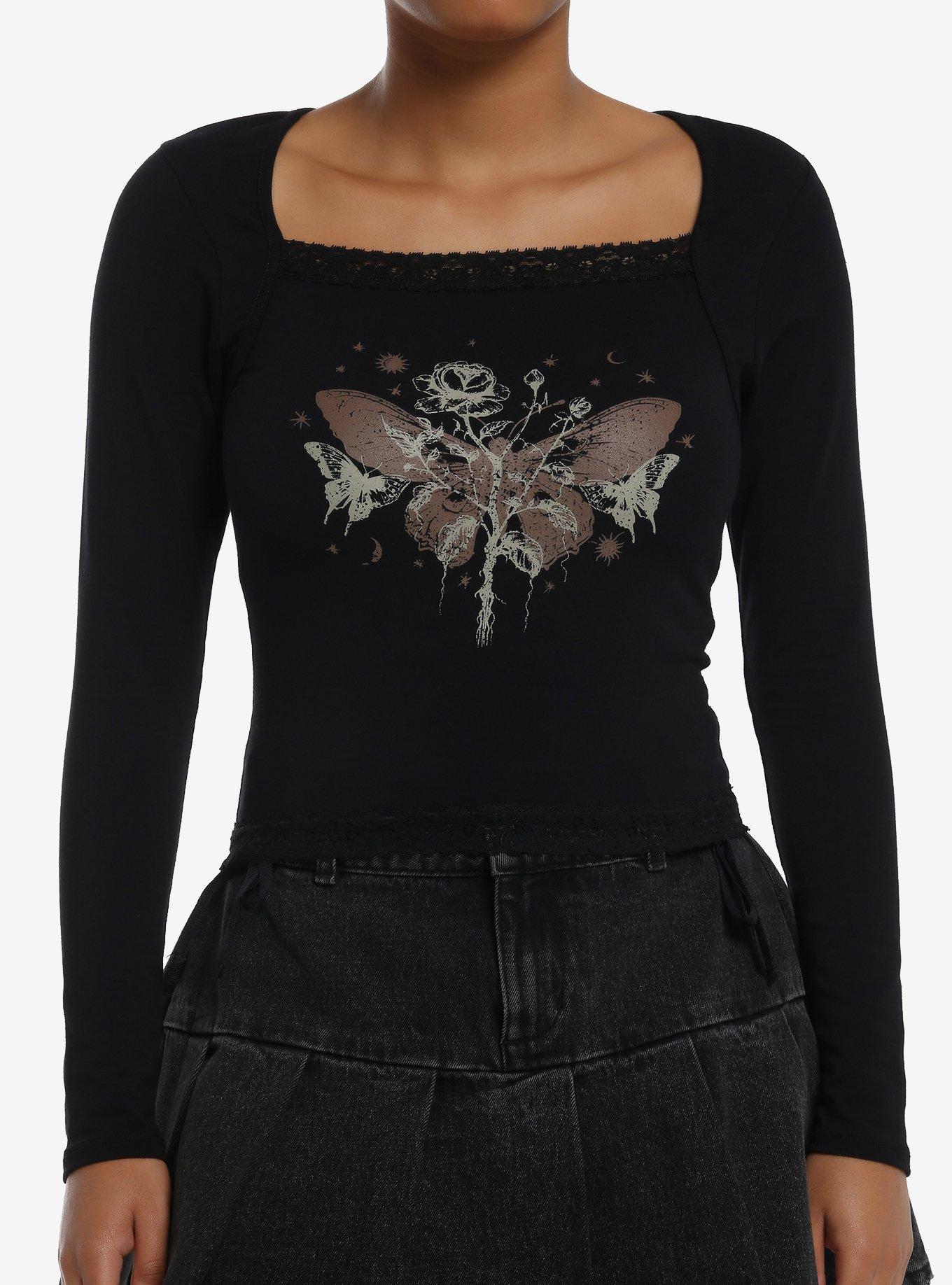 Cosmic Aura Rose & Moth Lace Trim Girls Long-Sleeve Top, , hi-res