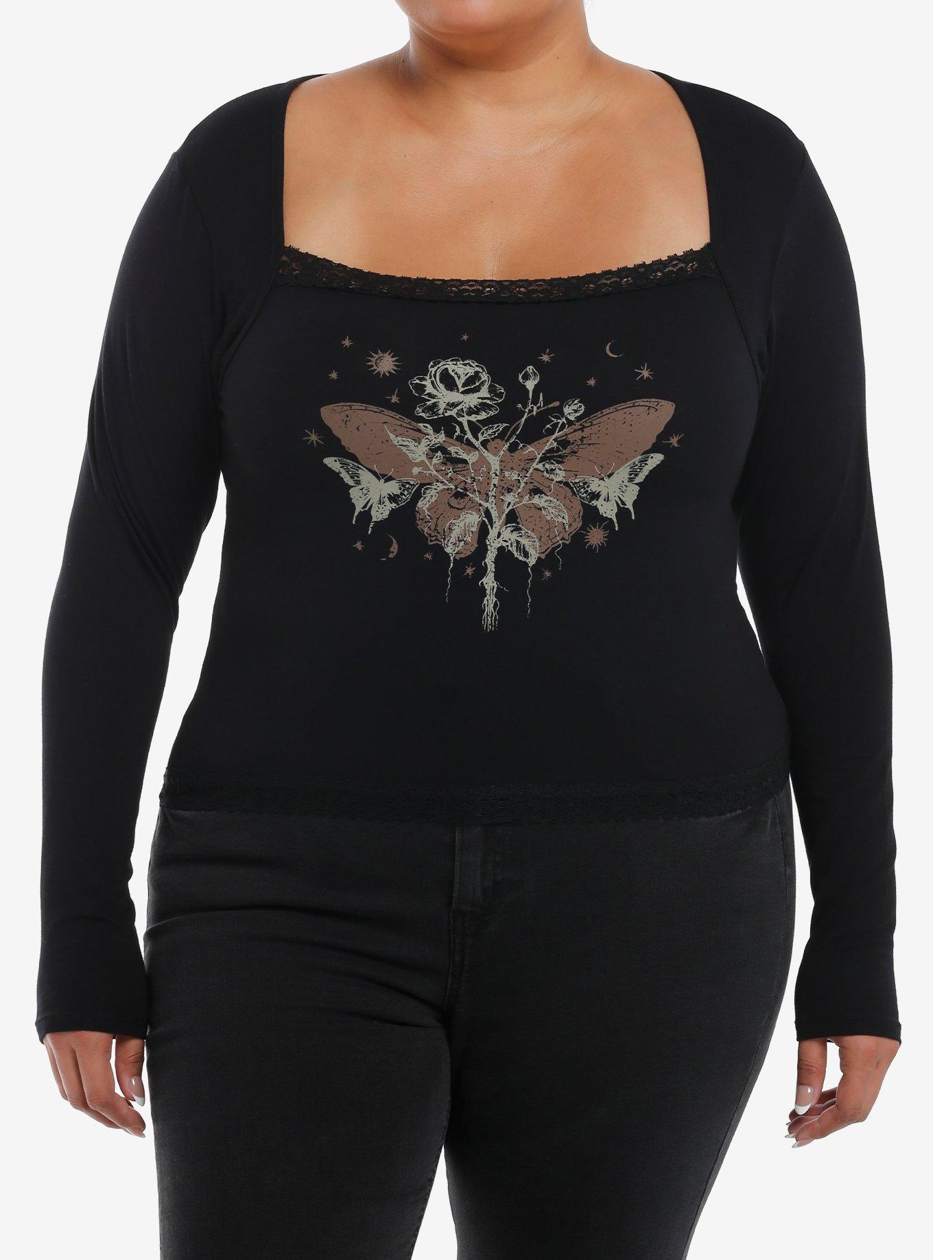 Cosmic Aura Rose & Moth Lace Trim Girls Long-Sleeve Top Plus Size, , hi-res