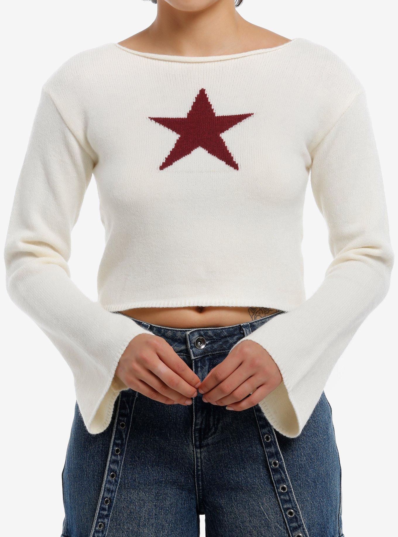 Cream & Red Star Girls Crop Bell Sleeve Sweater