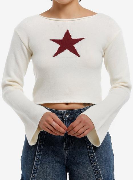 Cream Red Star Girls Crop Bell Sleeve Sweater Hot Topic