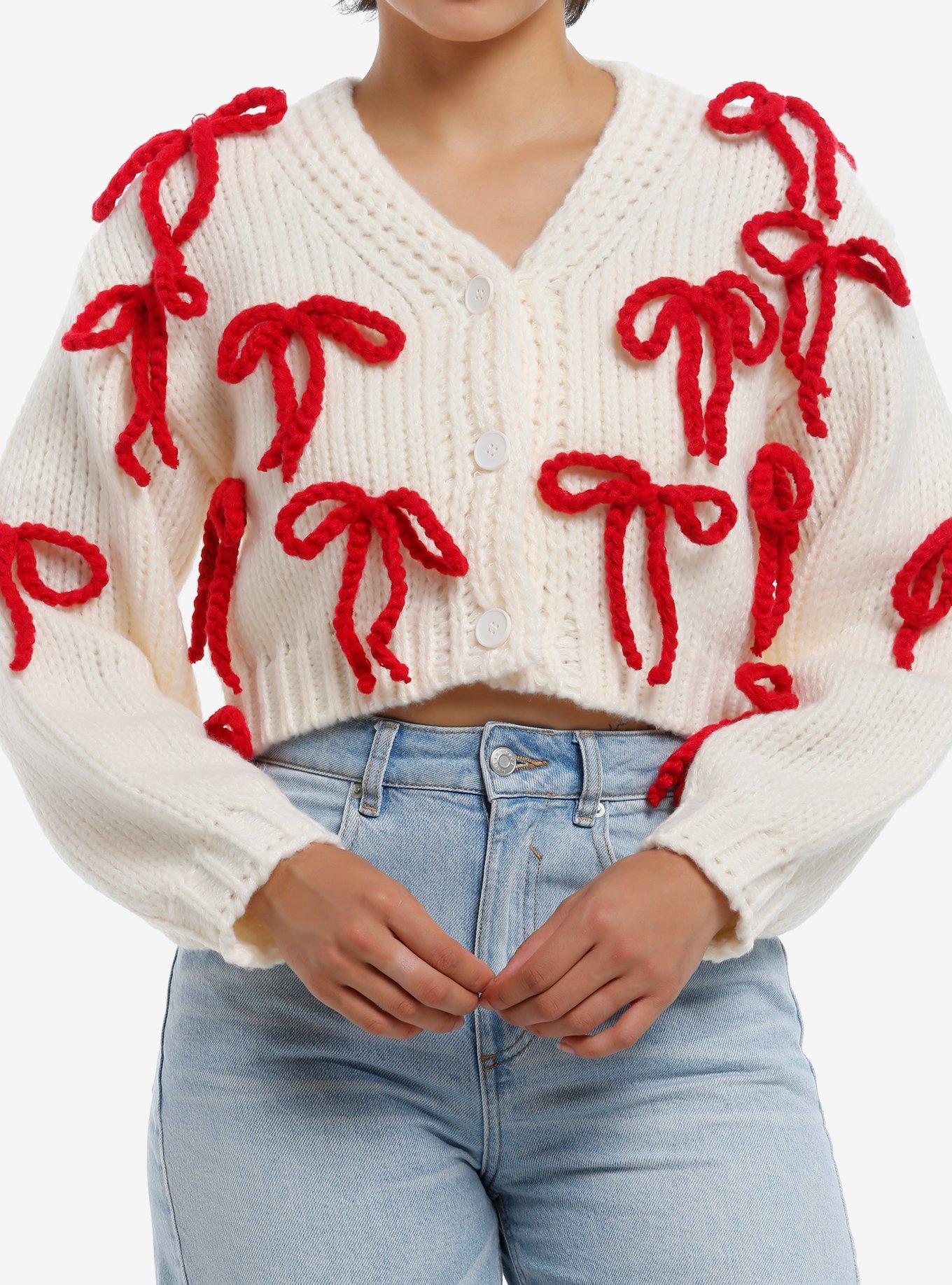 SWEETSOCIETY Cream & Red 3D Bow Girls Crop Cardigan