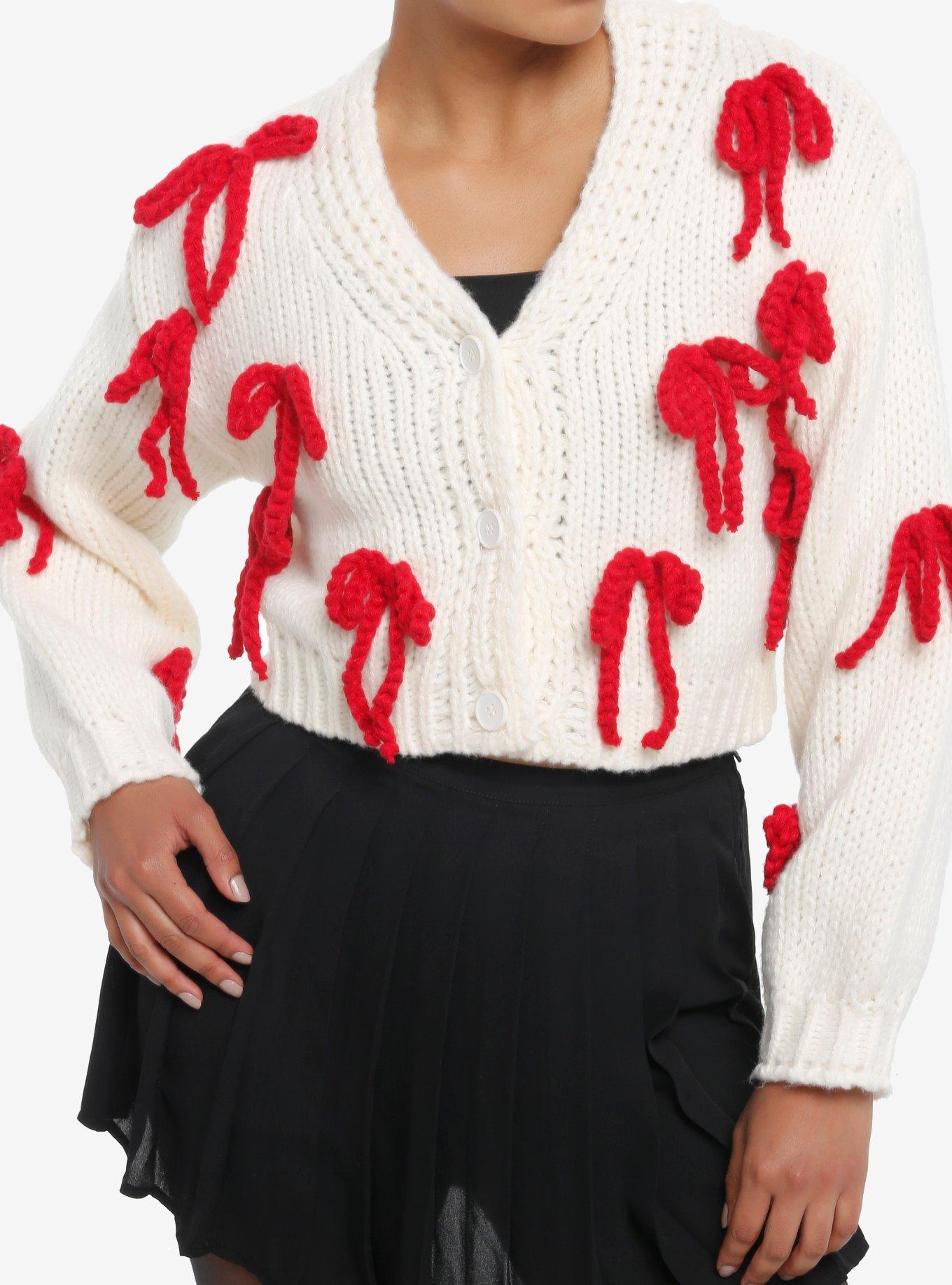 Cream & Red 3D Bow Girls Crop Cardigan, , hi-res