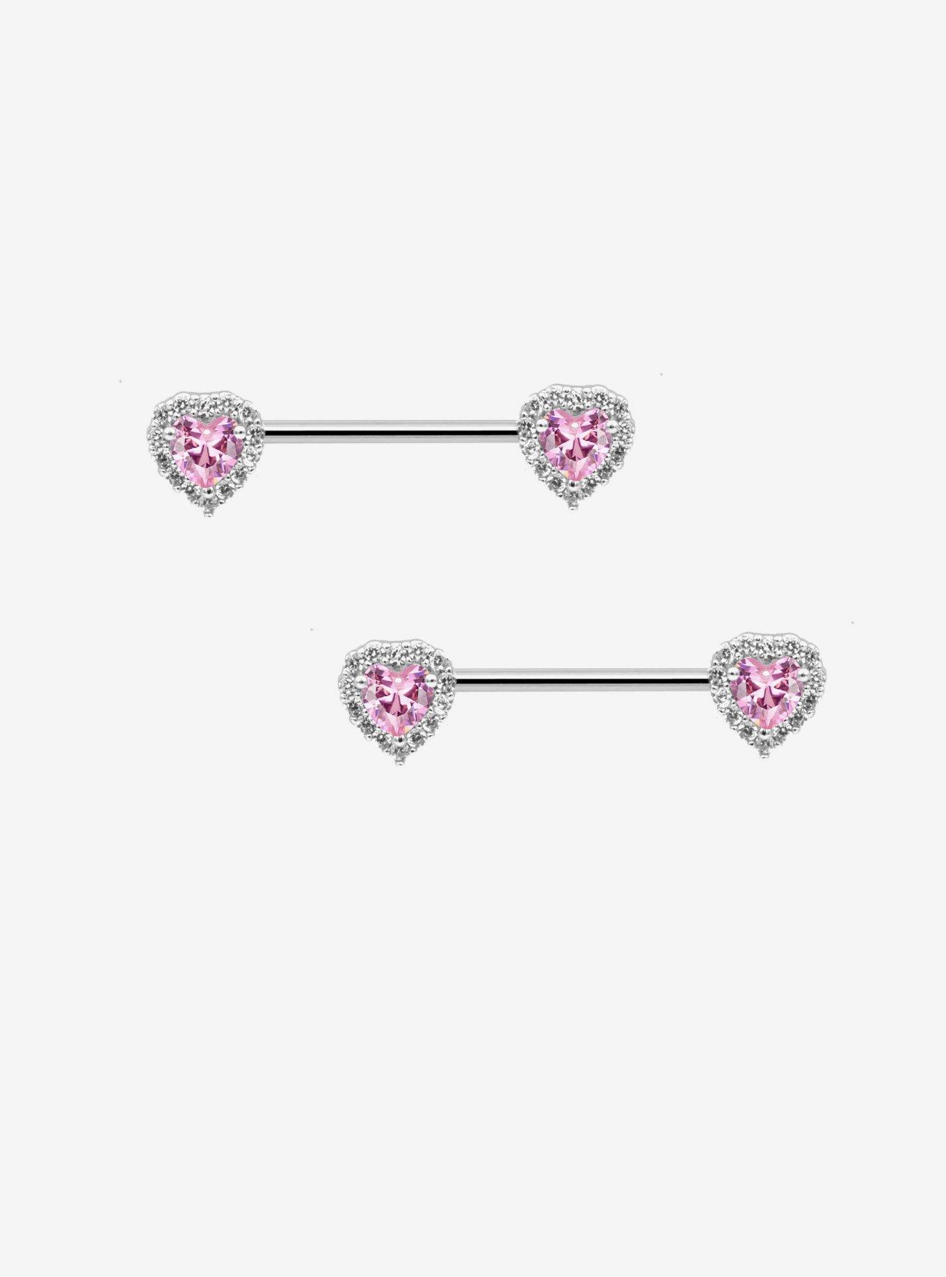14G Steel Heart Bling Nipple Barbell 2 Pack, , hi-res