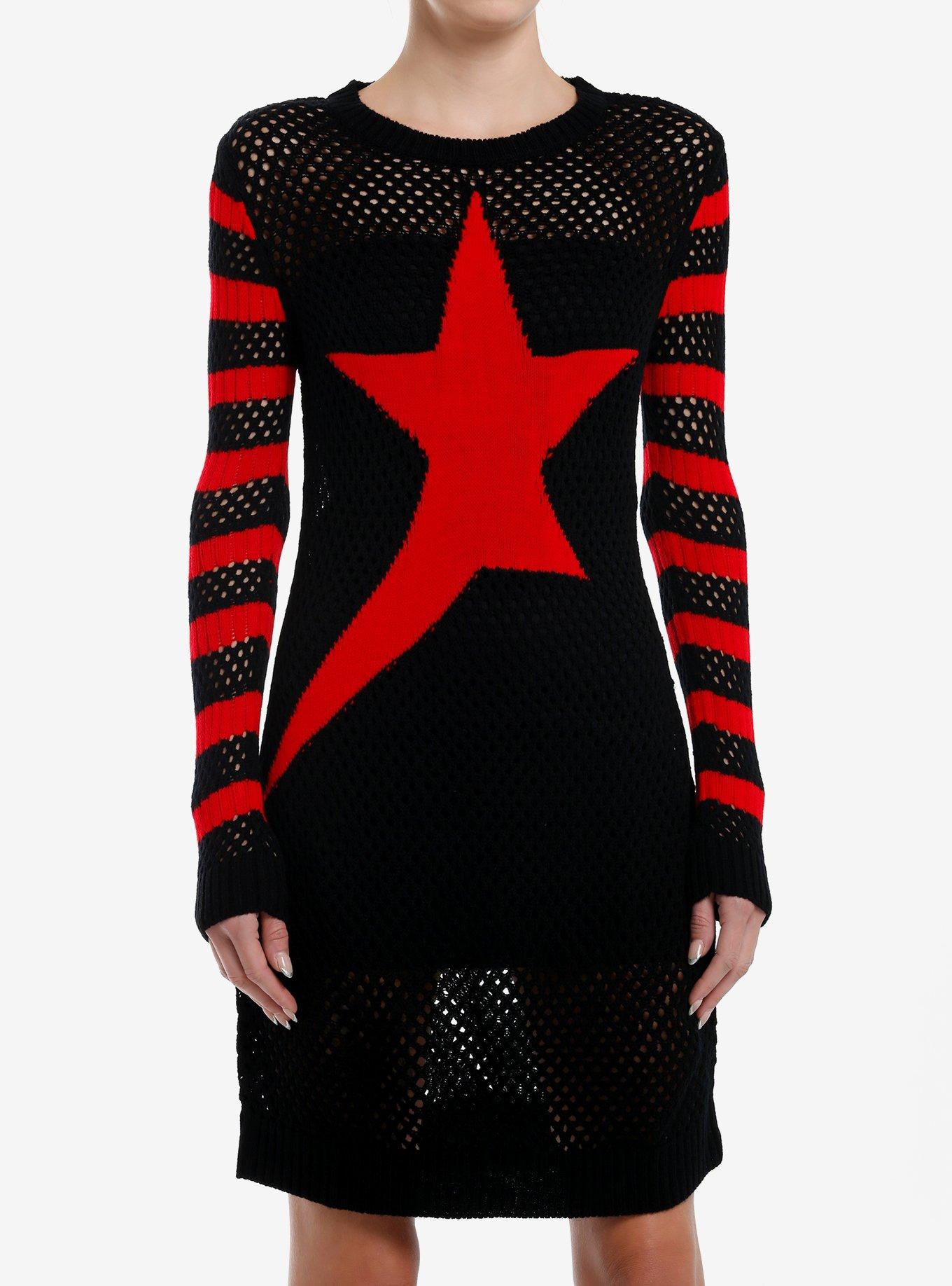 Black & Red Star Stripe Knit Sweater Dress, , hi-res