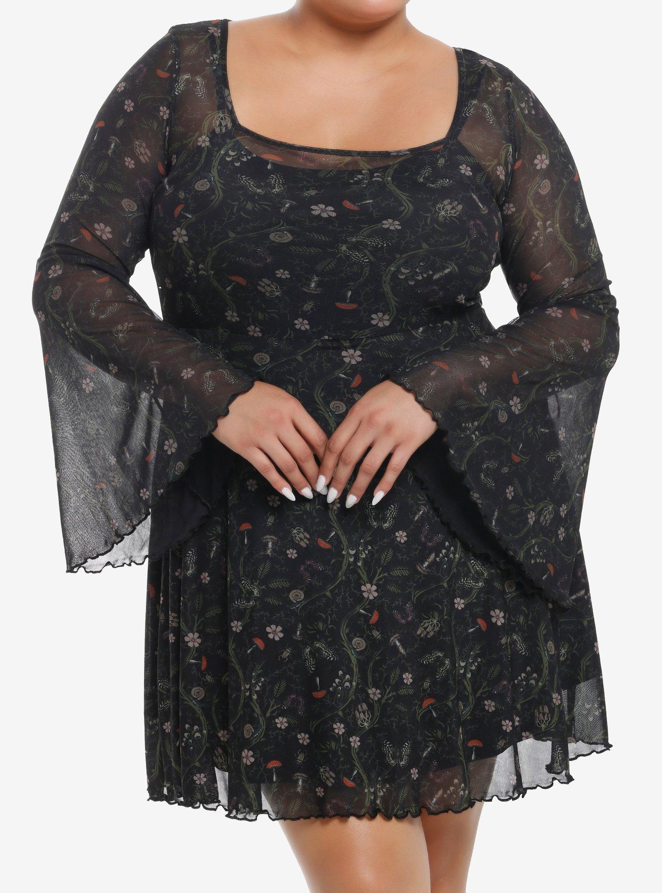 Thorn & Fable Mushroom Vines Mesh Bell Sleeve Dress Plus Size, , hi-res
