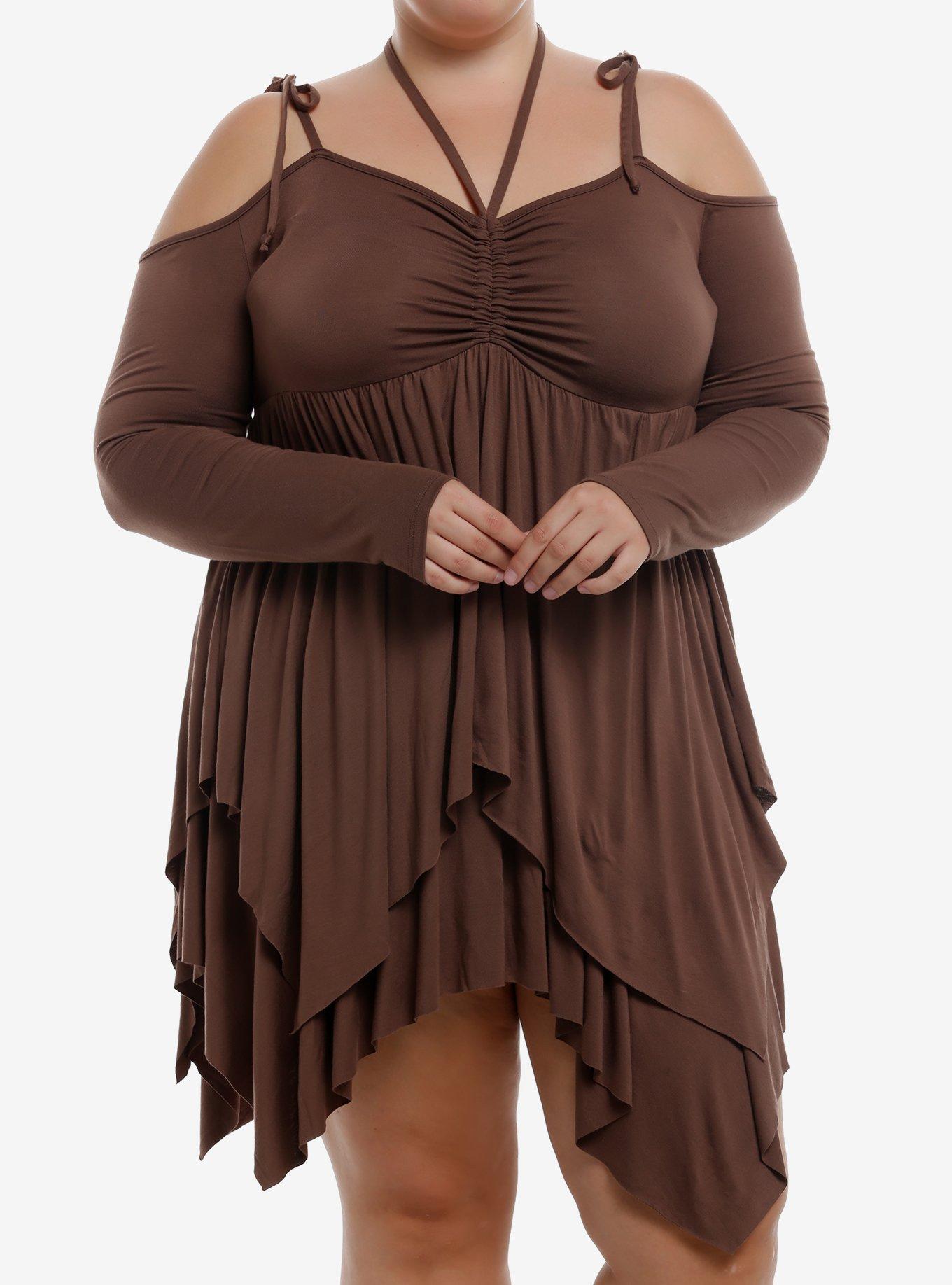 Thorn & Fable Brown Hanky Hem Cold Shoulder Dress Plus Size, , hi-res