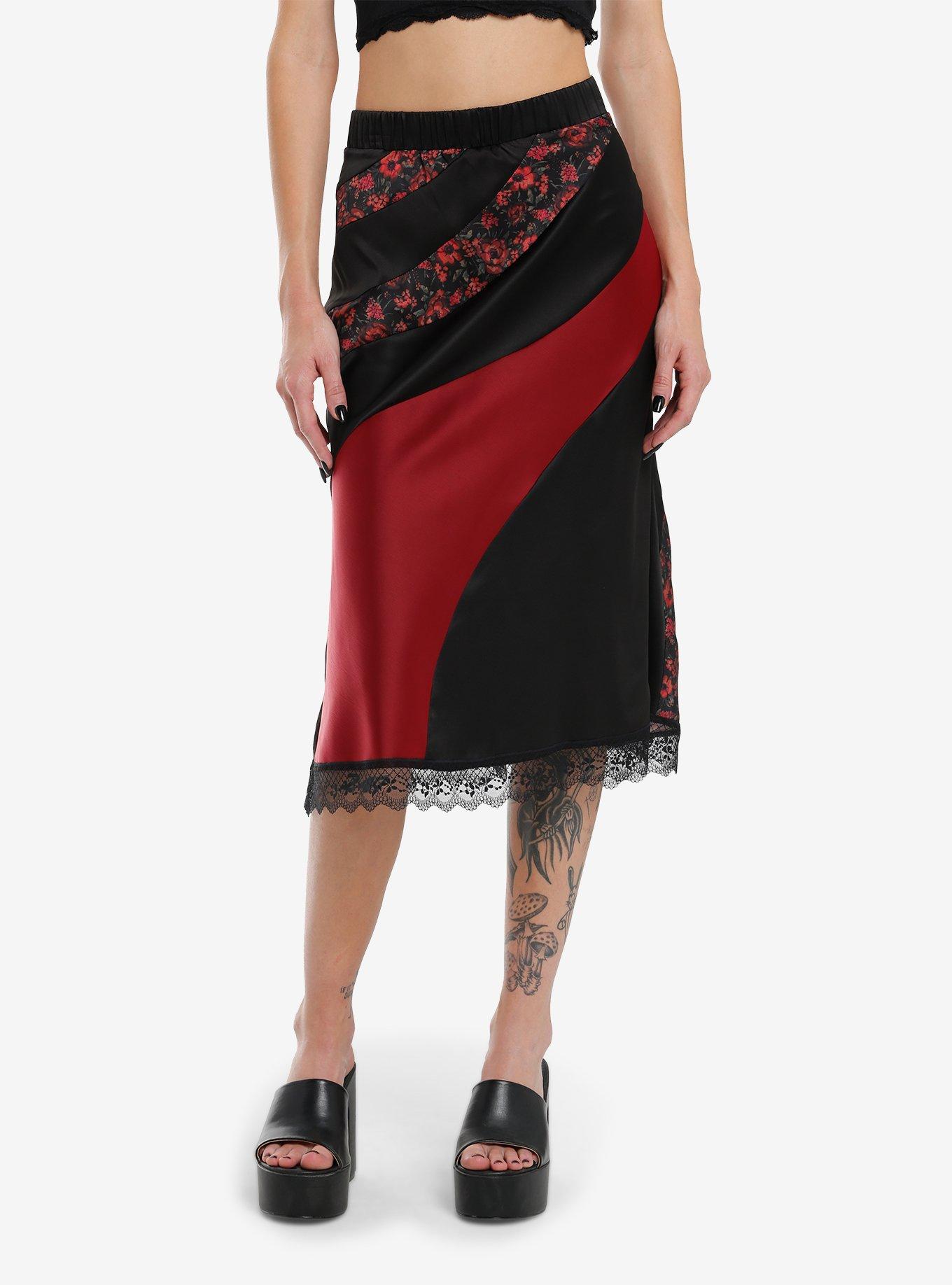 Black Red & Rose Panels Slip Midi Skirt, , hi-res