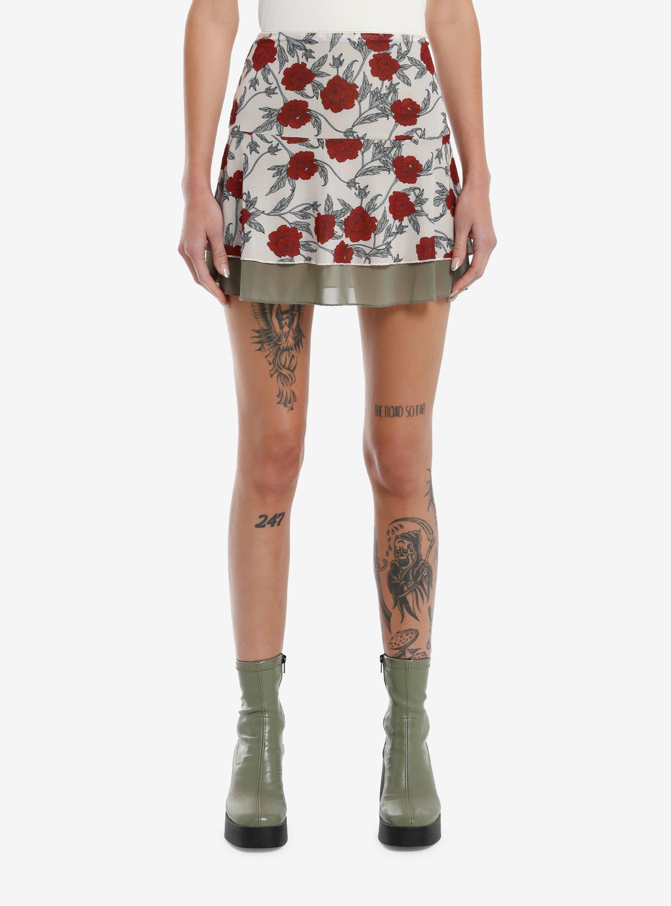 Thorn & Fable Red Rose & Green Mini Slip Skirt, , hi-res