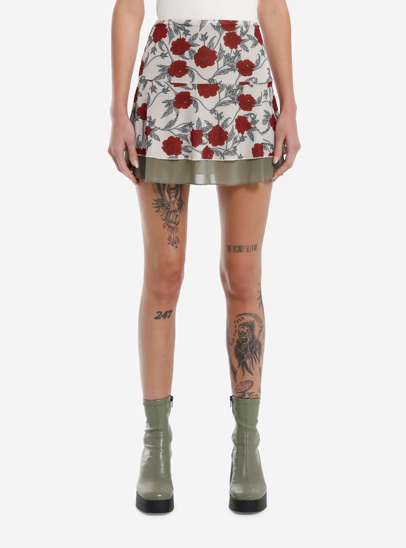 Thorn & Fable Red Rose & Green Mini Slip Skirt, RED, hi-res