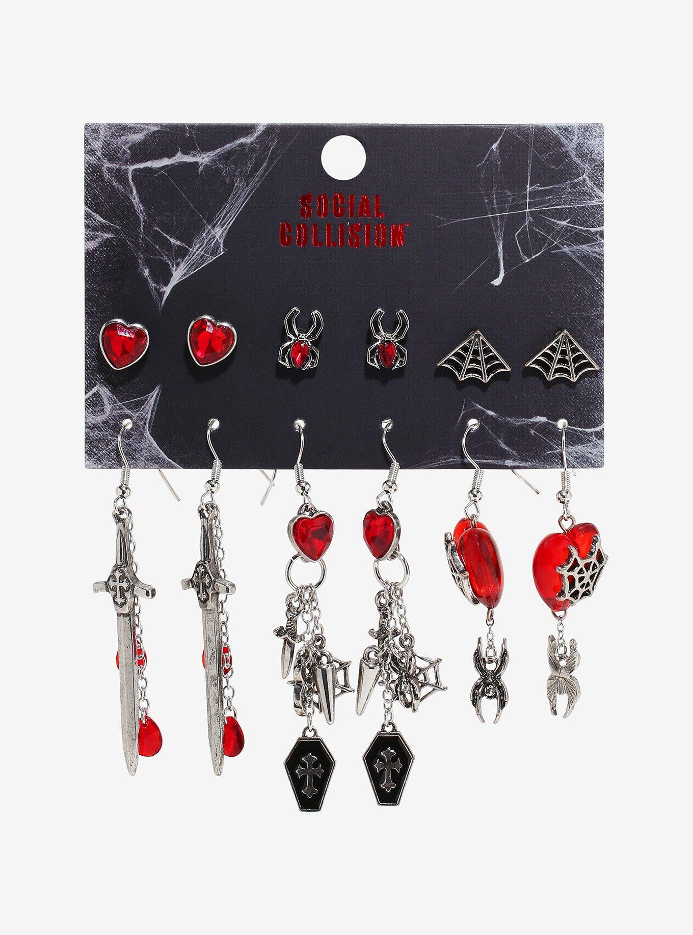 Social Collision Spider Dagger Red Gem Earring Set