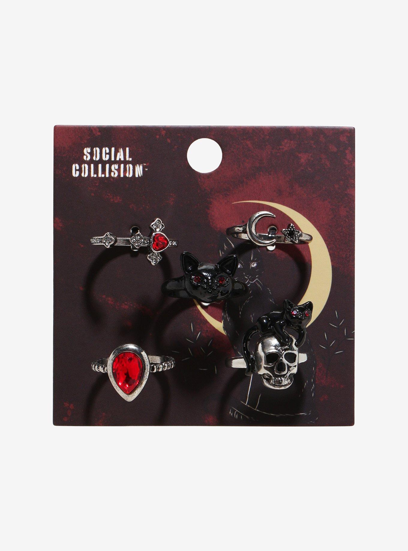 Social Collision Black Cat Skull Ring Set