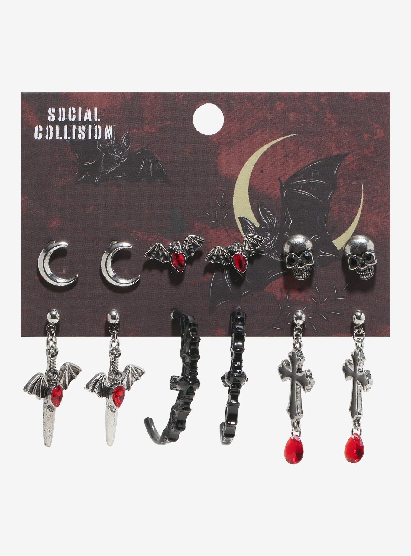 Social Collision Red Gem Bat Earring Set, , hi-res