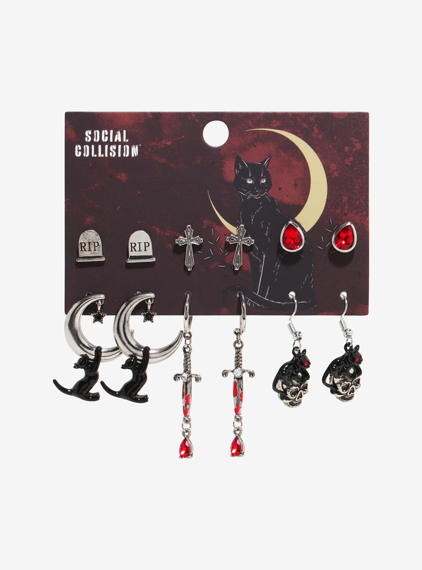 Social Collision Black Cat Skull Earring Set, , hi-res