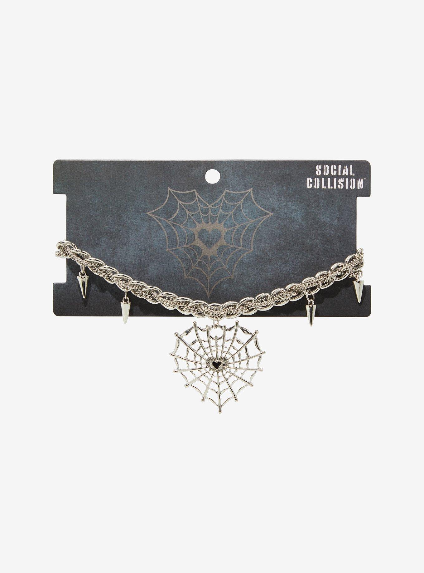 Social Collision Spiderweb Heart Spike Choker Necklace, , hi-res
