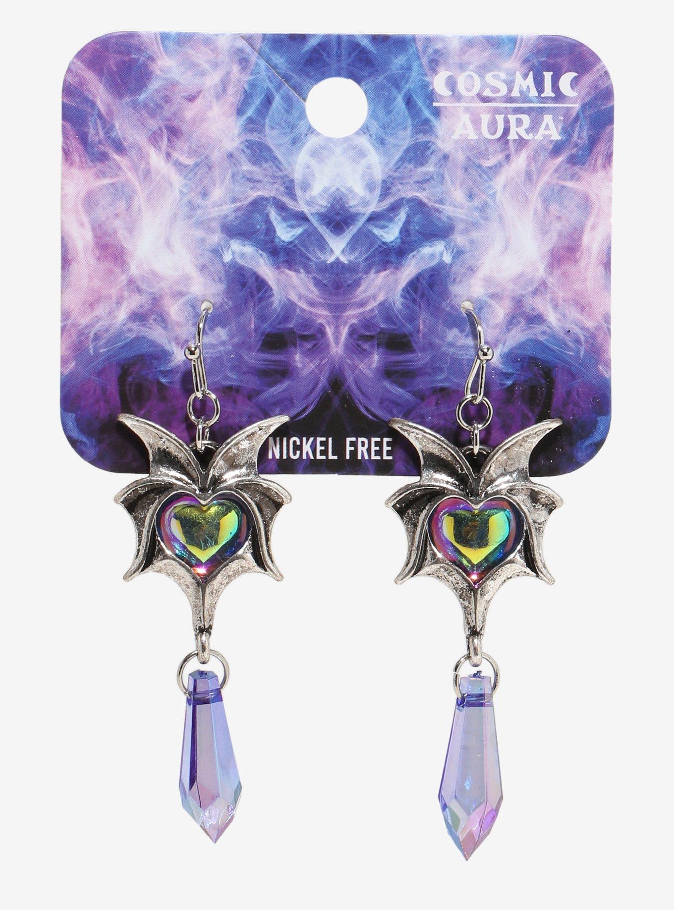 Cosmic Aura Dragon Wing Heart Drop Earrings, , hi-res