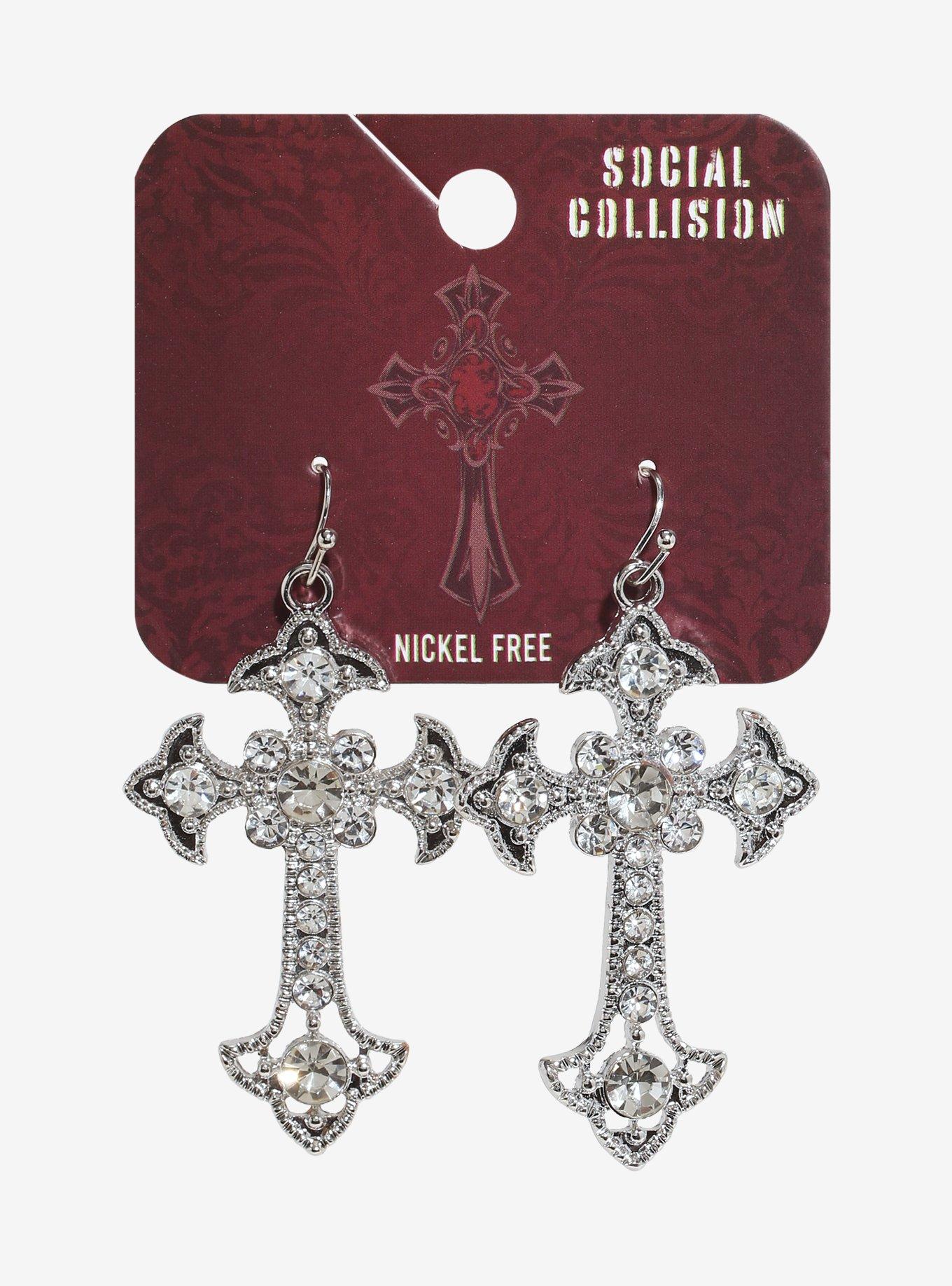 Social Collision Bling Cross Drop Earrings, , hi-res