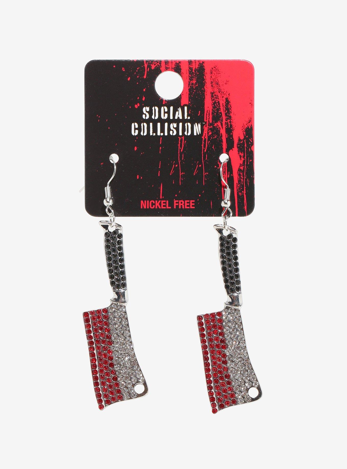 Social Collision Rhinestone Bloody Cleaver Earrings, , hi-res