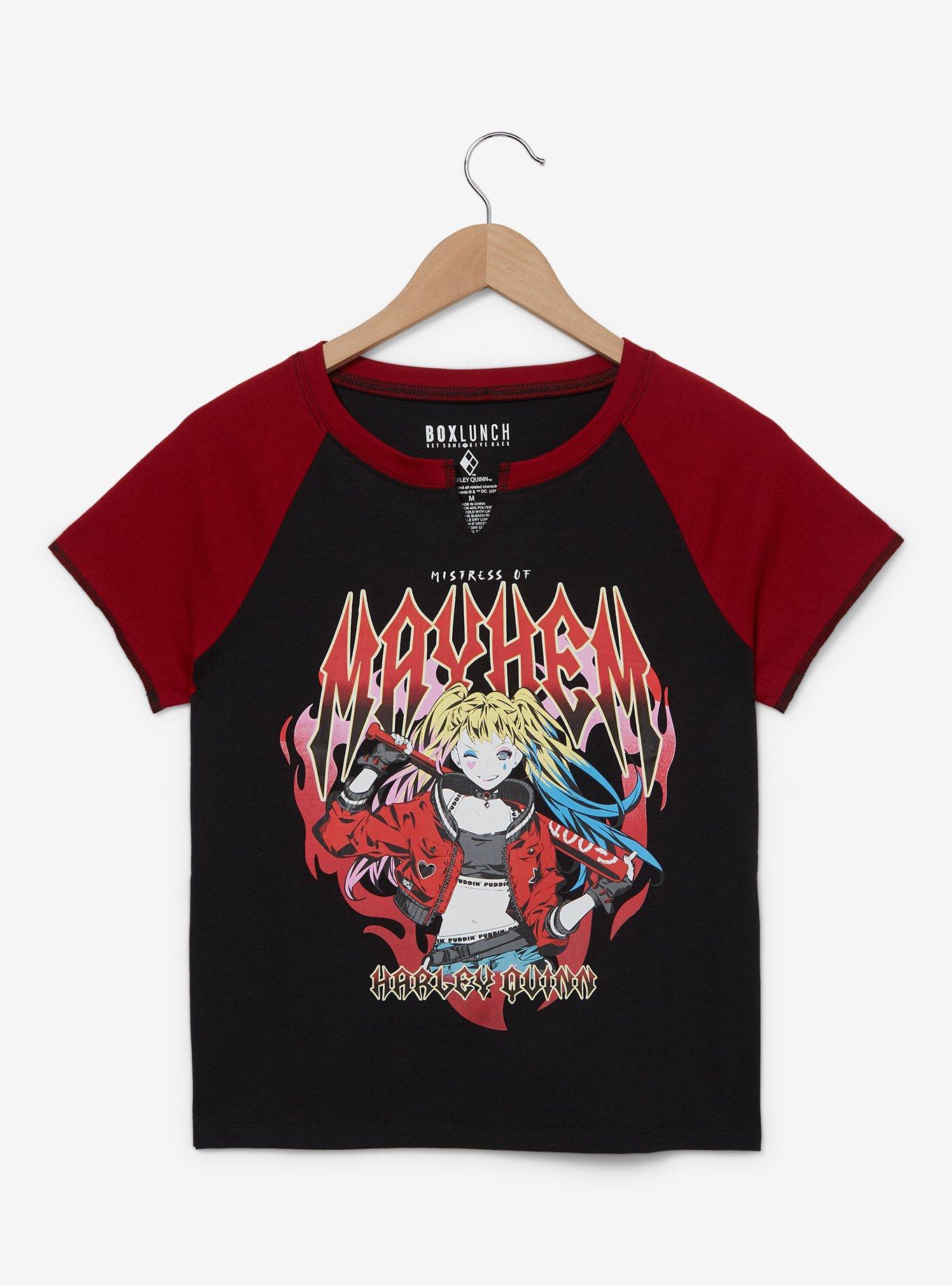 DC Comics Batman Harley Quinn Mistress of Mayhem Women's Cropped Raglan Baby Tee &mdash; BoxLunch Exclusive, BLACK, hi-res