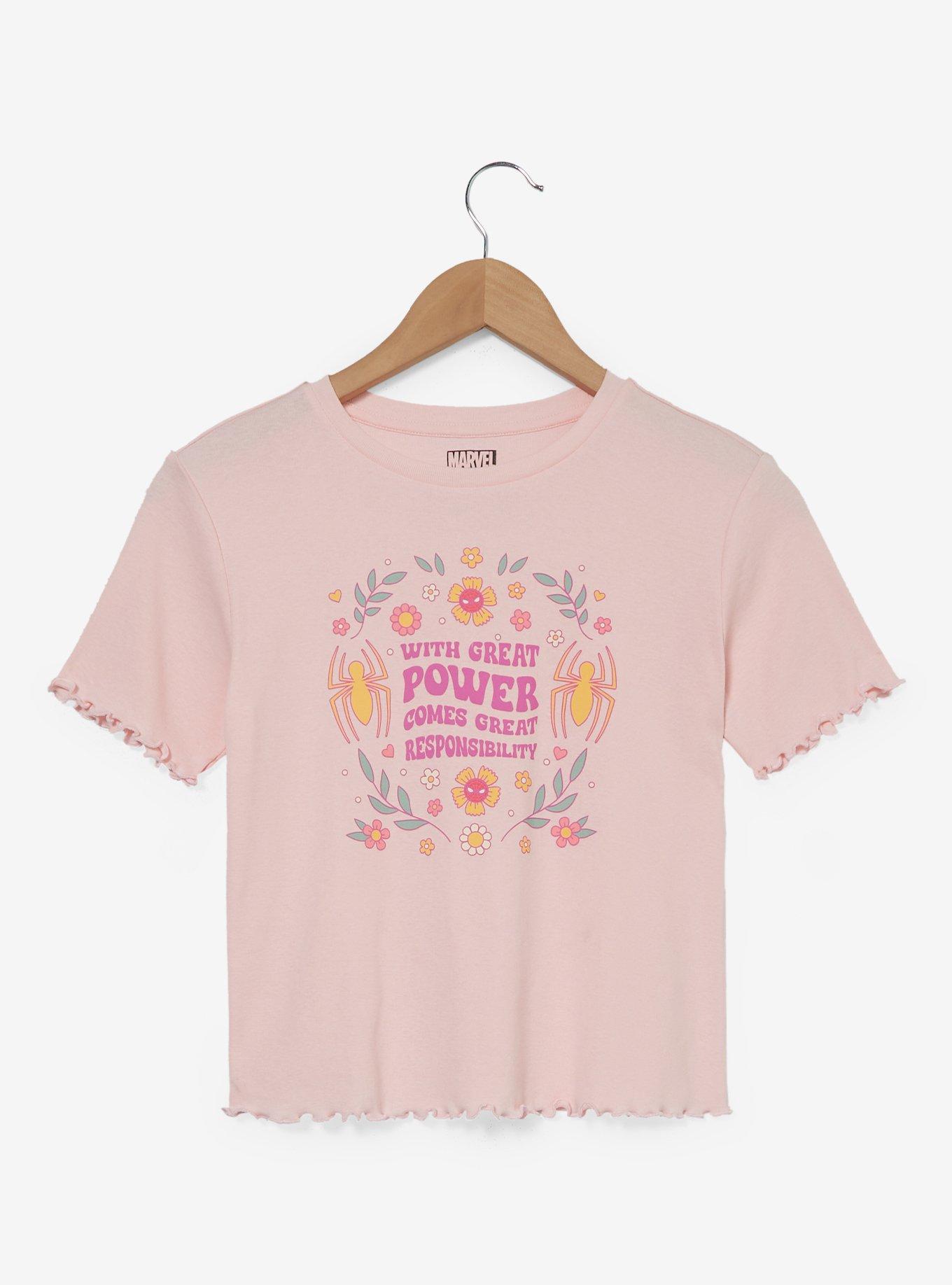 Marvel Spider-Man Great Power Women's Cropped Baby Tee &mdash; BoxLunch Exclusive, LIGHT PINK, hi-res
