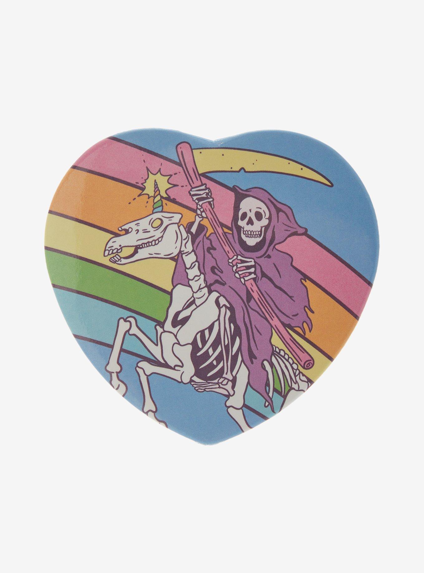 Grim Reaper Unicorn Rainbow Heart-Shaped 3 Inch Button, , hi-res