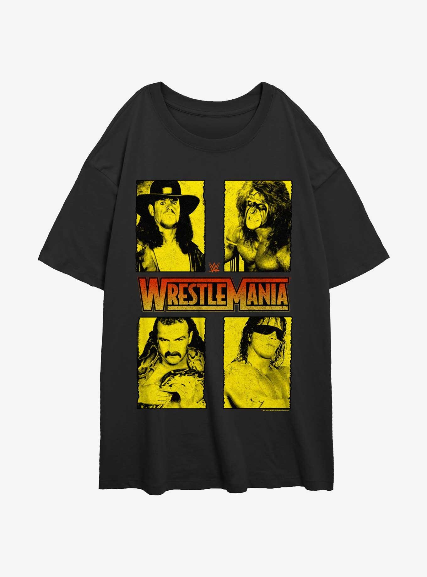 WWE WrestleMania Legends The Undertaker Ultimate Warrior Jake Thee Snake and Bret Hart Girls Oversized T-Shirt, BLACK, hi-res