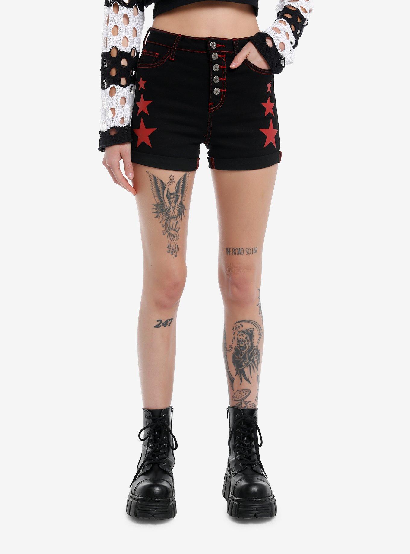 Black & Red Star Denim Shorts, RED, hi-res