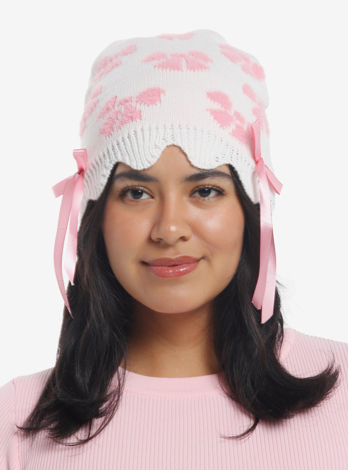 Cream Pink Flower Scalloped Beanie, , hi-res