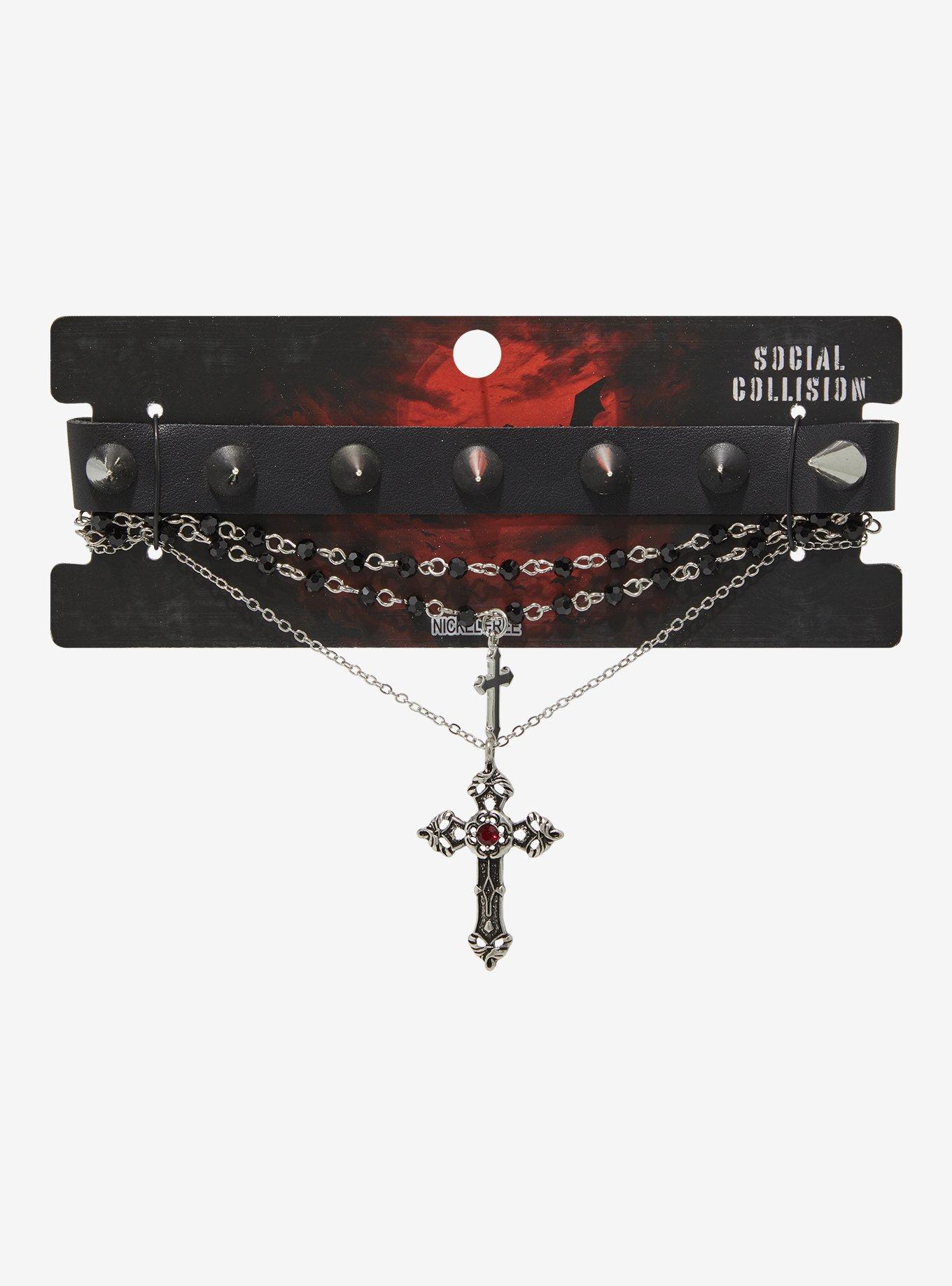 Social Collision Spike Cross Necklace Set, , hi-res