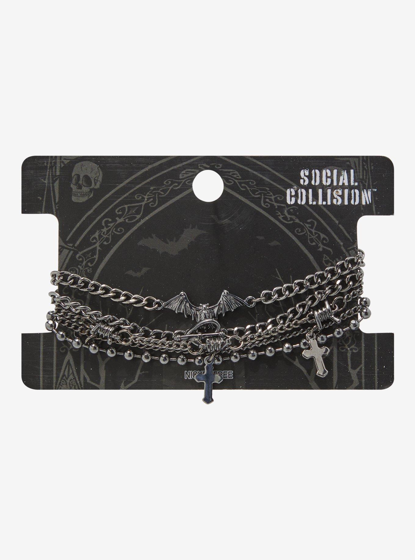 Social Collision Bat Cross Barbed Wire Chain Bracelet Set, , hi-res