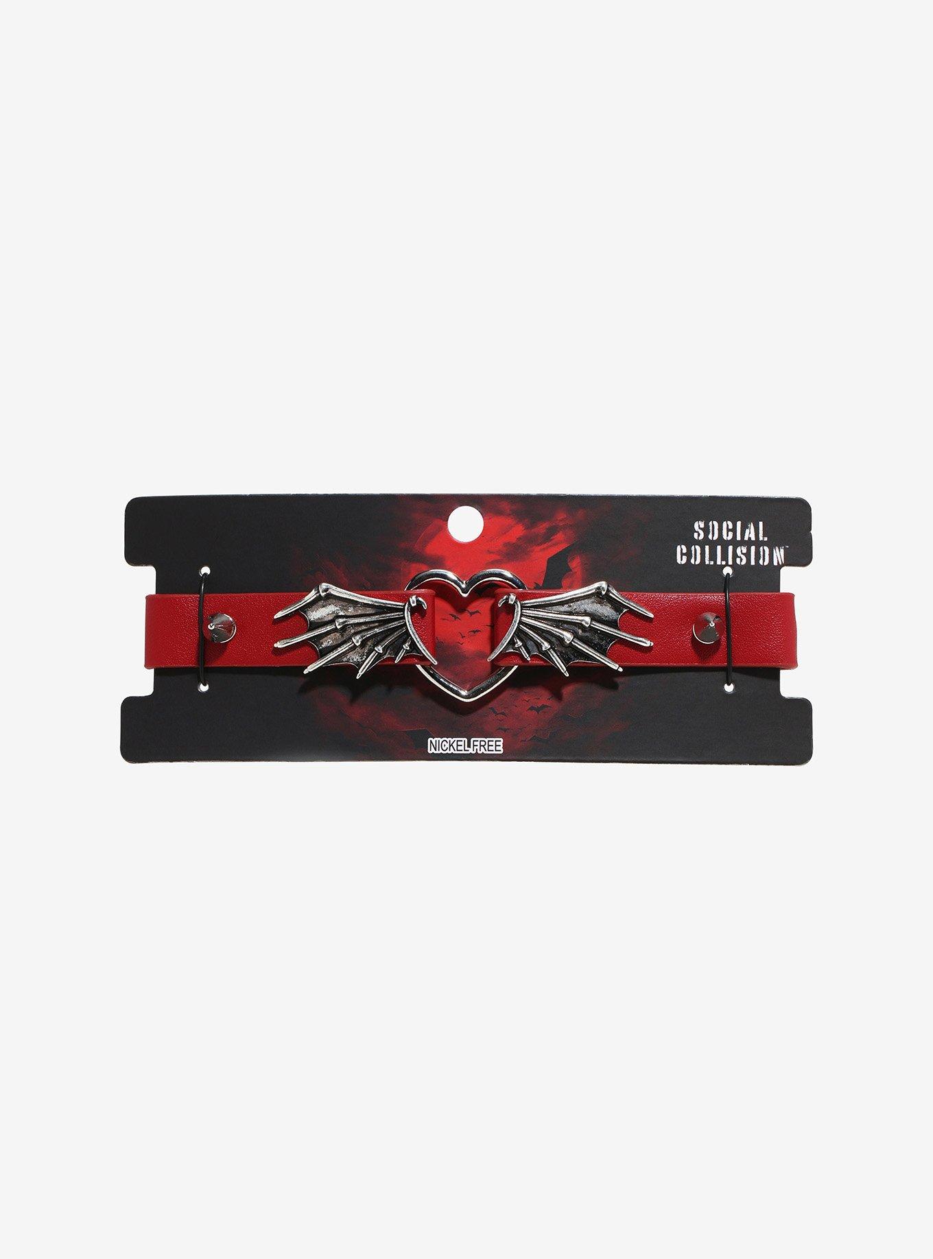 Social Collision Heart Bat Wing Spike Choker, , hi-res