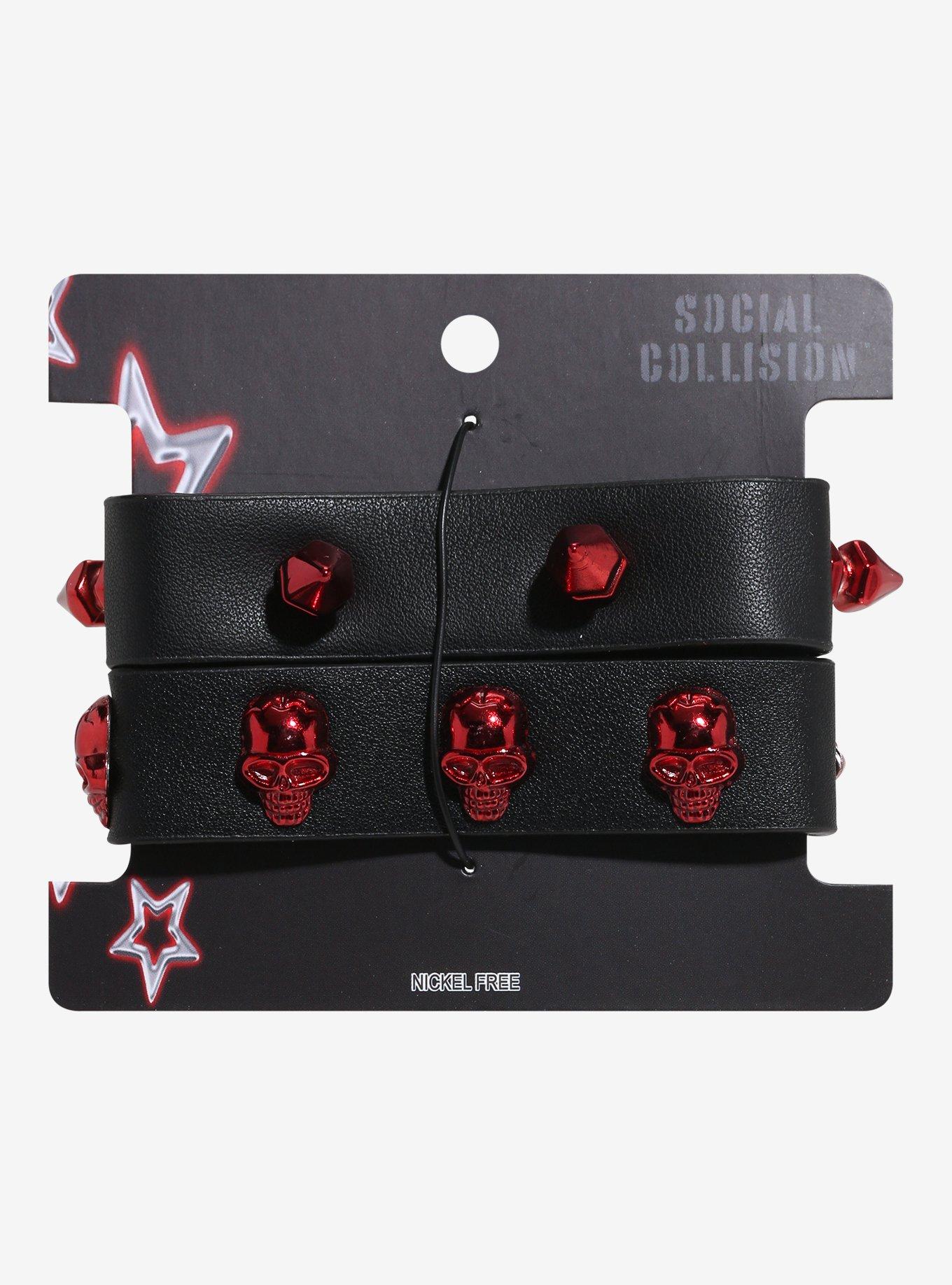 Social Collision Red Spike & Skull Cuff Bracelet Set, , hi-res